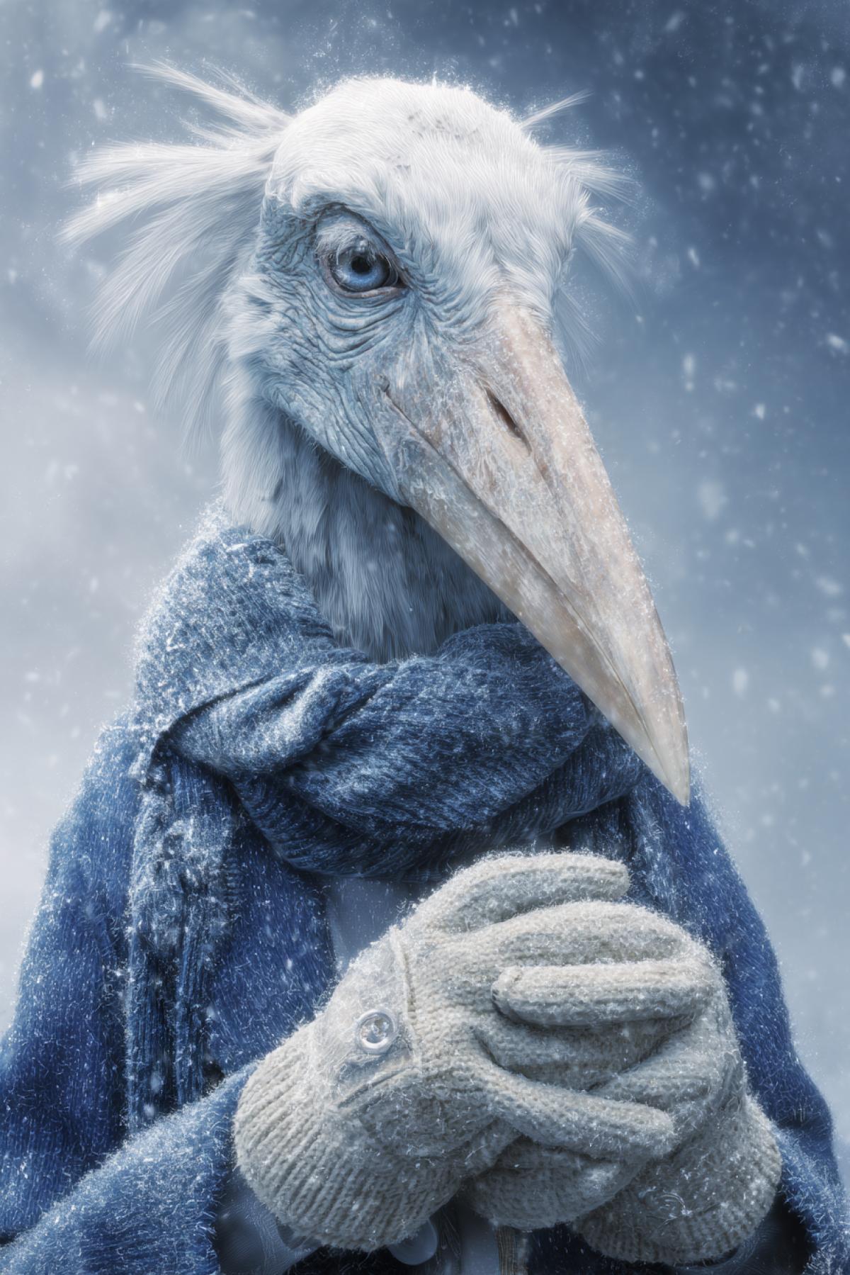 extremely old sad wrinkled cranebird in winter coldtobones warm clothes scarf furry boats feathery wings in gloves on the background of heavy snow full colour ironic detailed cartoon