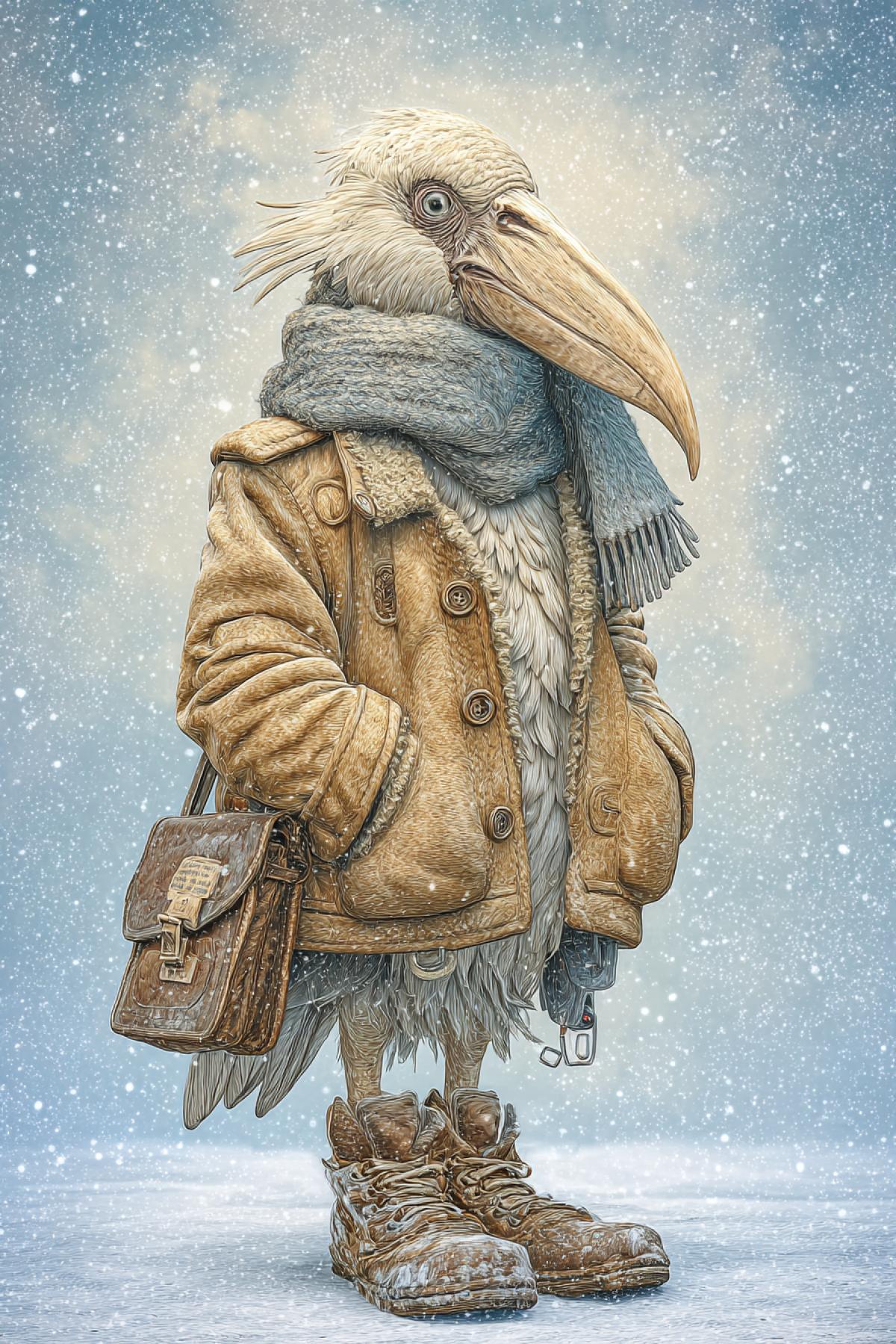 extremely old sad wrinkled cranebird in winter coldtobones warm clothes scarf furry boats feathery wings in gloves on the background of heavy snow full colour ironic detailed cartoon