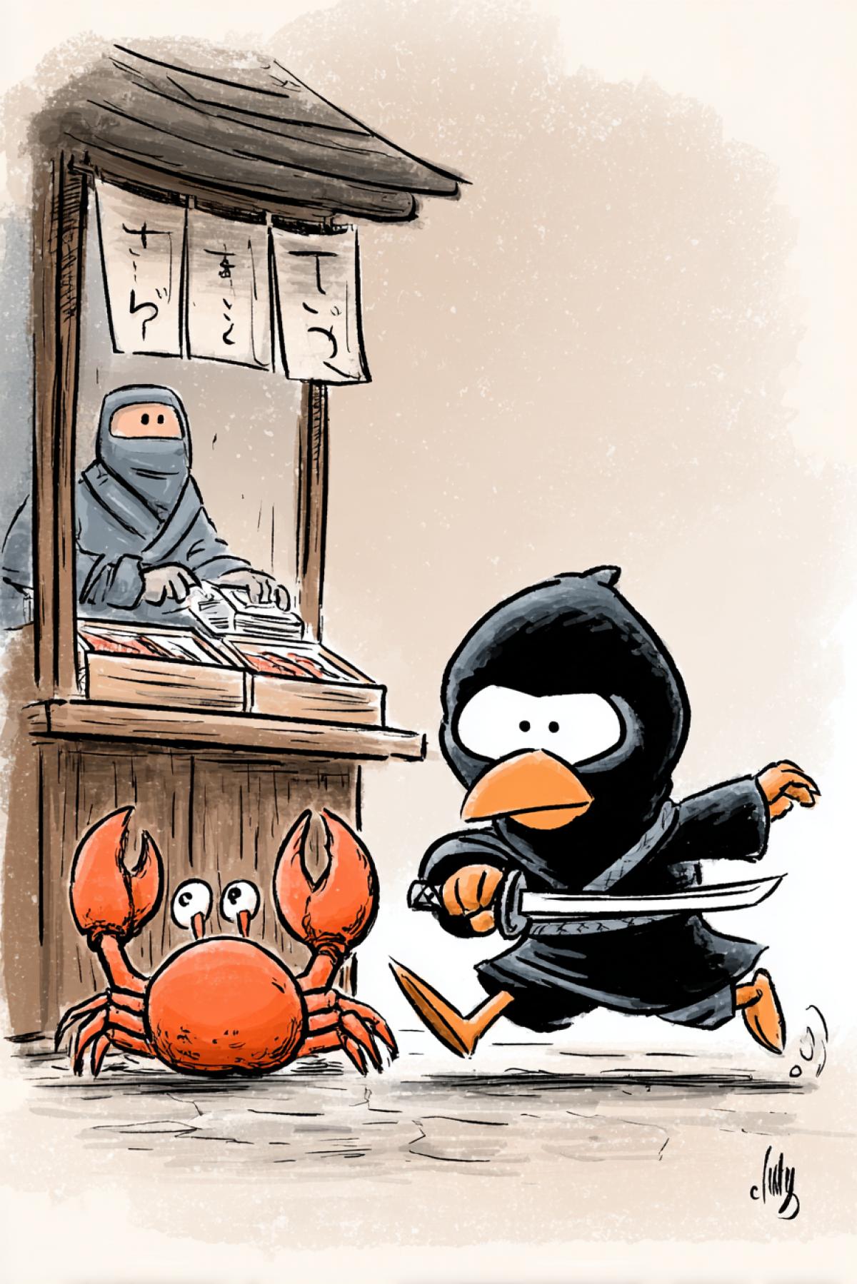 A chubby cartoon penguin dressed as a ninja, but his dark ‘mask’ is just his natural feathers. He ‘sneaks’ behind a sushi stand, tripping over his own katana (which is actually a frozen fish). The vendor crab shakes its claw in disapproval. 12K animation style, mix of ‘Kung Fu Panda’ humor and Japanese ink wash textures