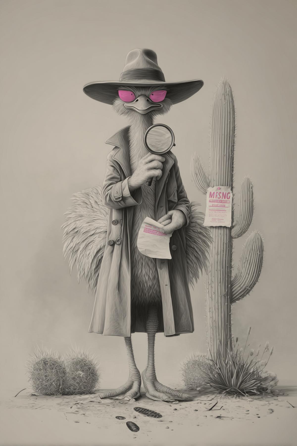 A fedora-wearing ostrich in a trench coat, holding a magnifying glass over a trail of big footprints (his own). A ‘Missing’ poster for his lost brain cell hangs on a cactus. 8K noir parody, monochrome with only his pink blush visible, style of ‘Who Framed Roger Rabbit’.