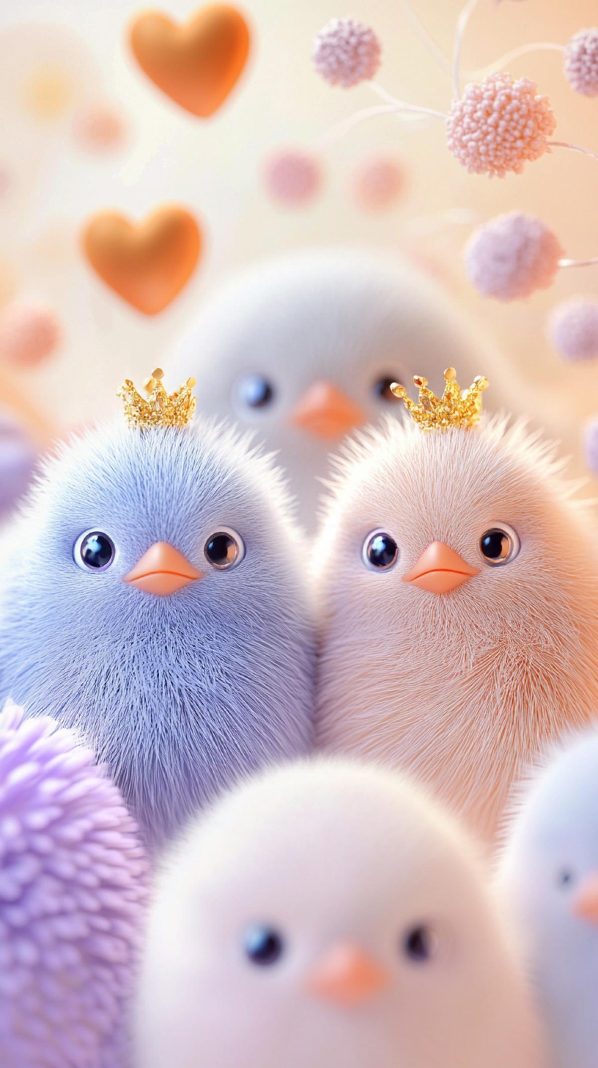 Four cute cartoon birds with big expressive bright eyes. Each bird has a miniature golden crown on its head, as well as a unique color and pattern: one is brown, one is gray, one is white, and the fourth is a mix of brown and white. They are surrounded by whimsical elements such as golden hearts, stars, and plants, creating a playful and cute atmosphere. The overall style of the image is whimsical and kid-friendly, and the soft color palette adds to the cuteness.