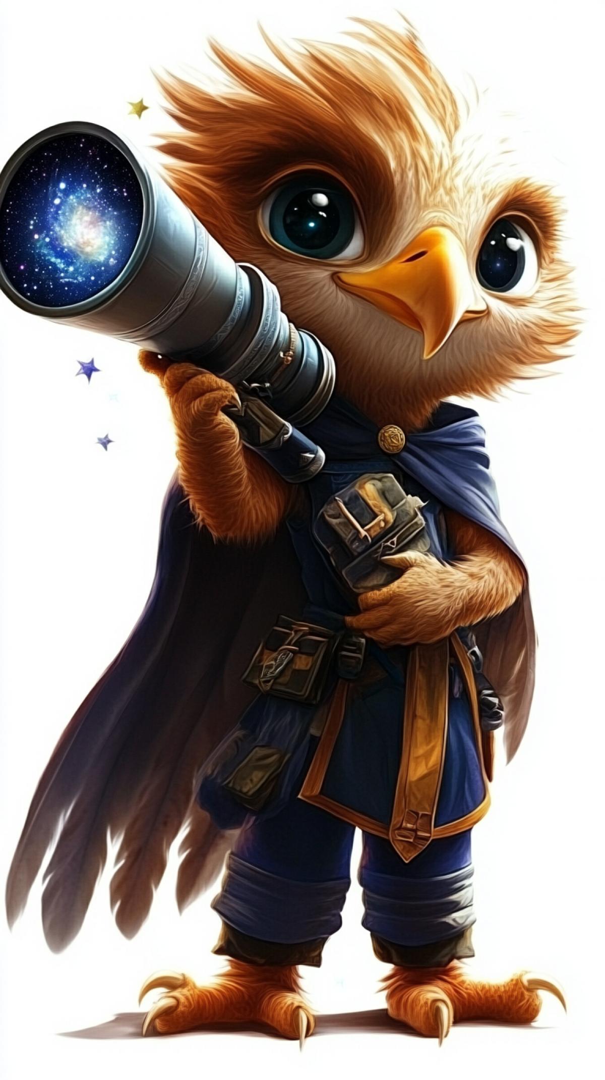 Cute humanoid BABY Golden Eagle, in a astrologers cape, with a big telescope for studying the starry sky, HAPPY childrens mascot, full-length portrait, Muppet Show style, transparent background, photorealistic