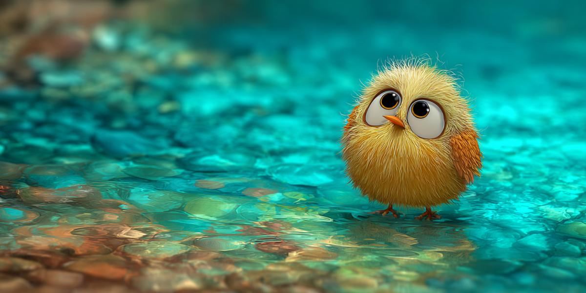 A cute cartoon bird in style with an unusual expression on the background of a beautiful and bottomless lake from azurepure water with incredibly beautiful nature
