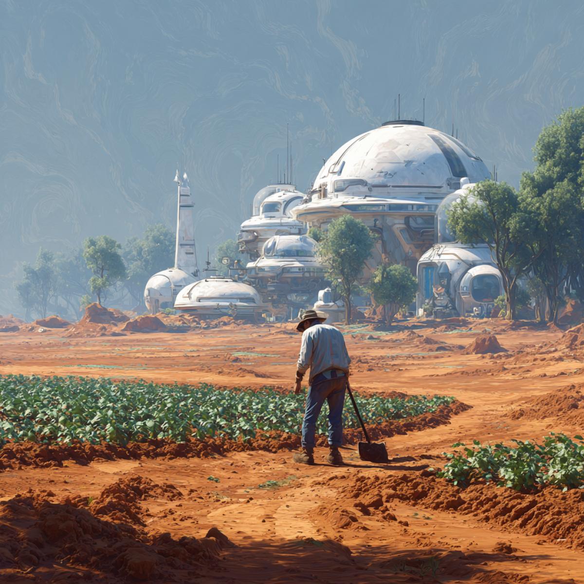 A man cultivating land with a crop on the planet Mars. In the background of 3ltra modern dwelling