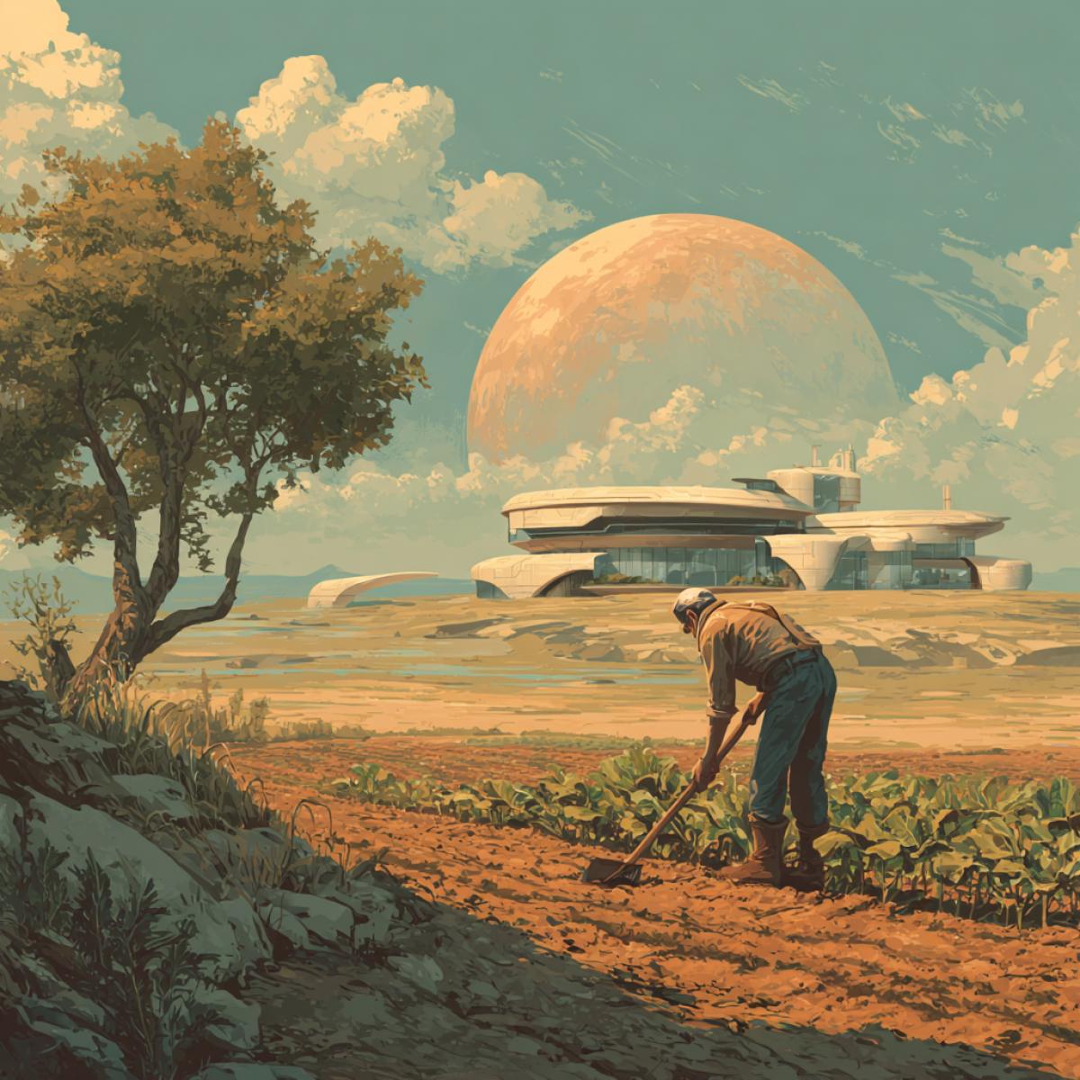 A man cultivating land with a crop on the planet Mars. In the background of 3ltra modern dwelling