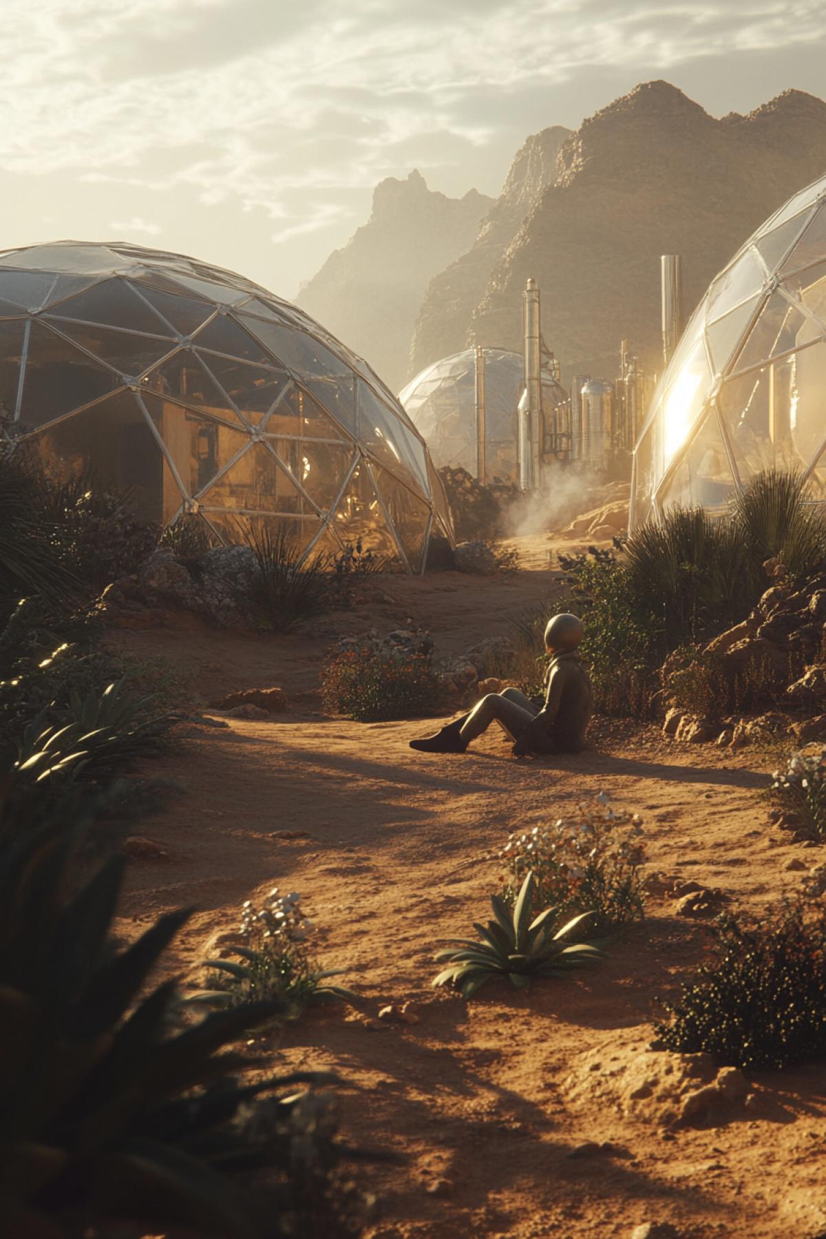 To generate images reflecting the daily moments of Martian life. A person sits a garden on a dome on Mars