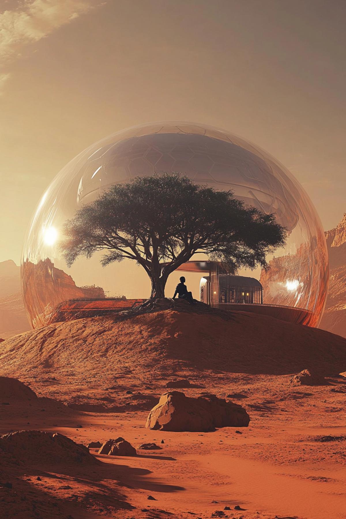 To generate images reflecting the daily moments of Martian life. A man sits a tree on Mars, around the house on a dome.