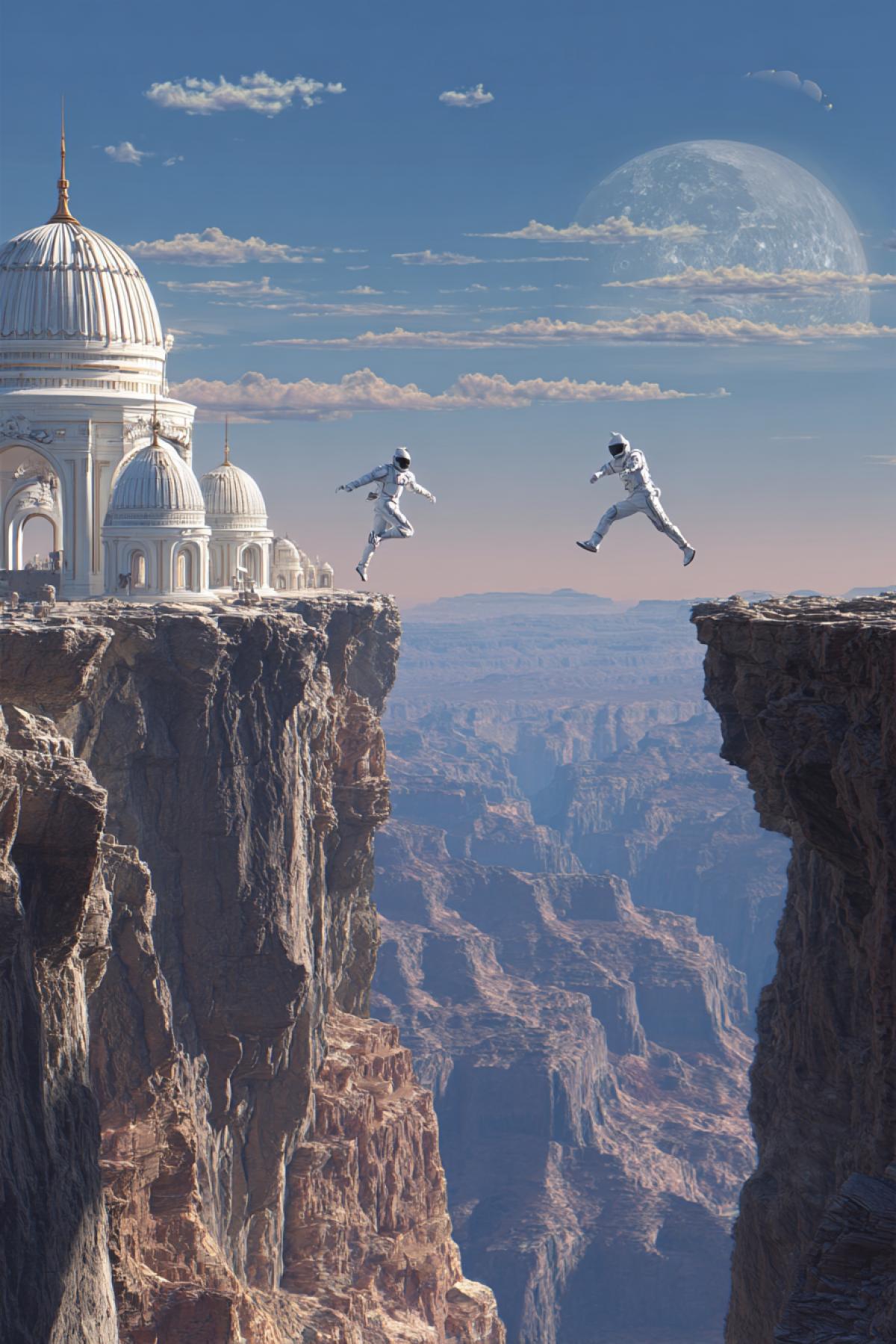 A commute like no other: workers in articulated jump-suits leap between domed stations across the Valles Marineris canyon. One pauses mid-jump to take a selfie with Phobos rising in the background. 8K cyberpunk-meets-NASA style, motion blur on soaring figures