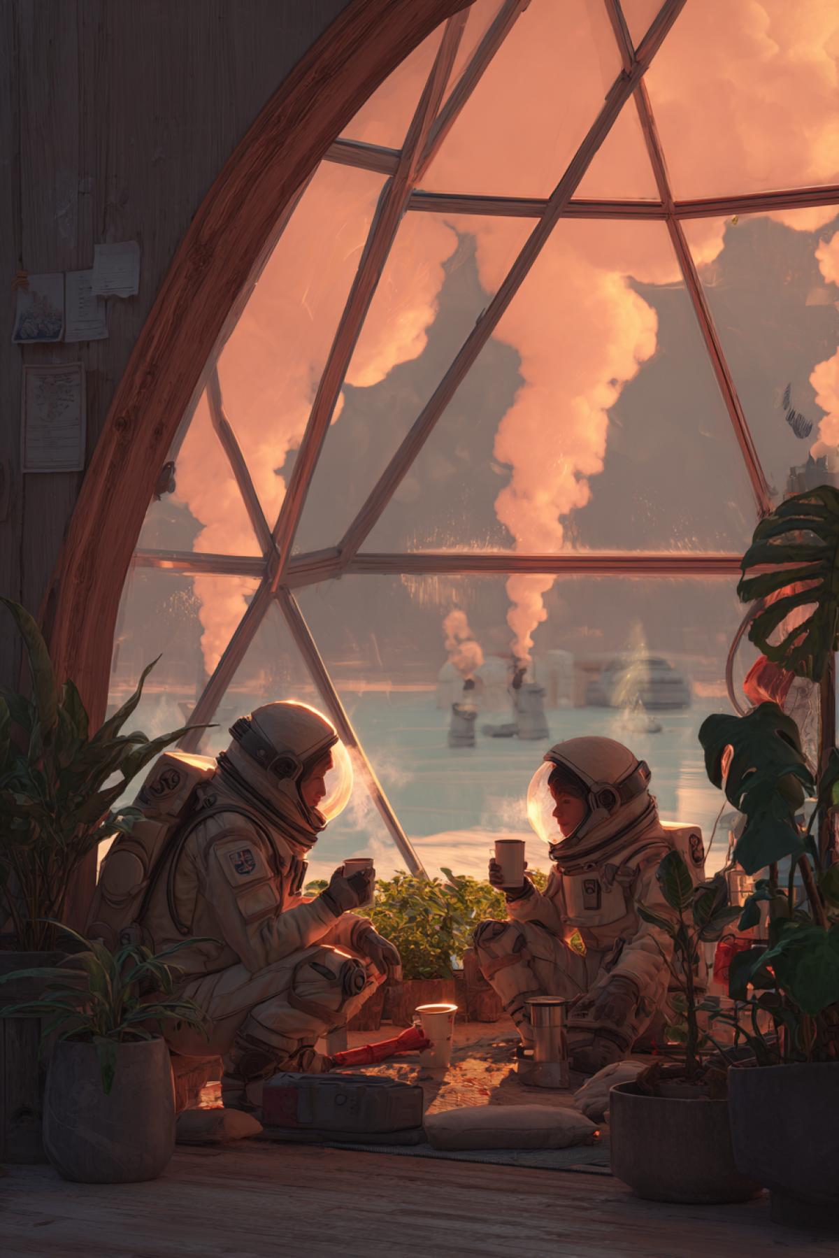 A cozy Martian habitat at sunrise: a family in sleek pressure suits with transparent helmets sips coffee grown in a hydroponic dome. Outside, a dust storm rages, but inside warm light, plants in geometric planters, and a child drawing Earth in the condensation on the window. 16K sci-fi realism, style of ‘The Martian’ meets IKEA catalog, muted red tones with pops of green