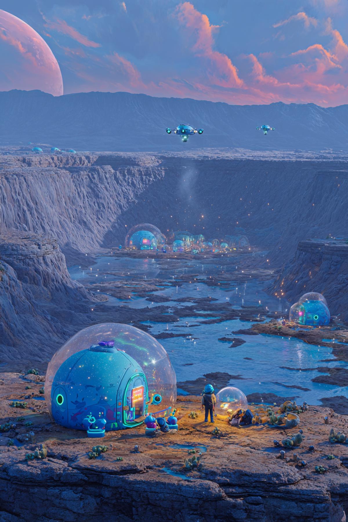 Gen-Z Martians lounge in inflatable bubble chairs at the rim of Gale Crater, vaping condensed atmosphere. A drone projects holographic memes onto the canyon walls while their pet rock (yes, a literal rock with googly eyes) ‘fetches’ rare minerals. 16K neon-realism, ‘Blade Runner 2049’ palette with TikTok aesthetics