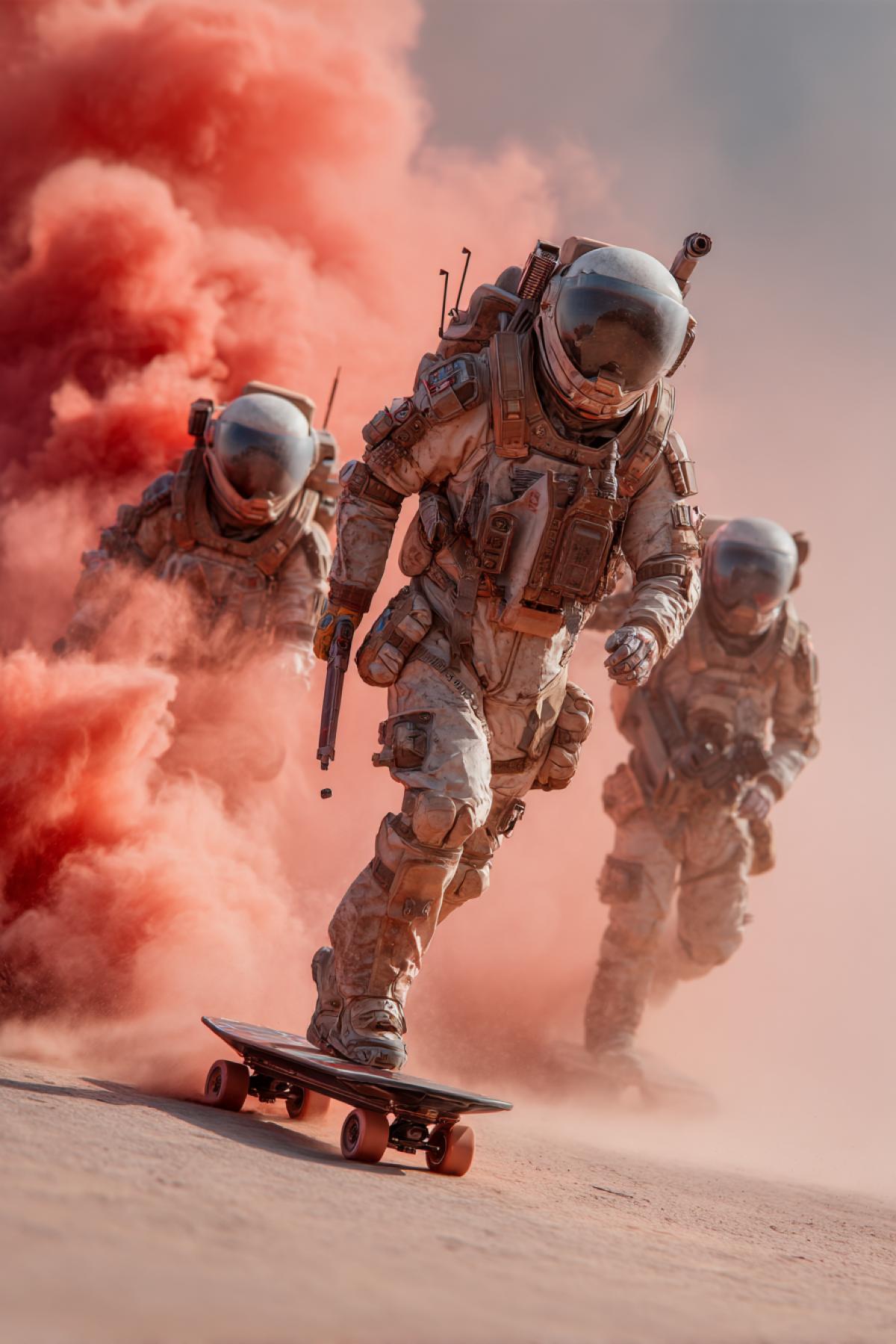 A group of colonists in patched exosuits playfully pressure-wash solar panels during a dust storm. One rides a repur4kd Mars rover like a skateboard, spraying red dust clouds. Their helmets display AR memes to pass the time. 16K sci-fi realism, style of The Expanse meets TikTok trends, dynamic motion blur on flying dust particles