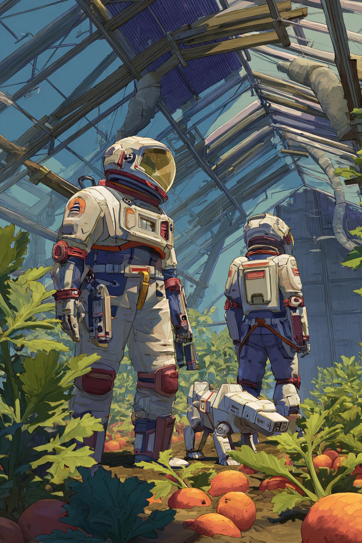 A team of colonists harvests big genetically modified potatoes under artificial sunlight in a vast underground greenhouse. Their exosuits have dirt stains and tool belts with laser pruners. A robotic dog herds cube-shaped sheep (adapted for low gravity). 12K retro-futurism, ‘Interstellar’ farming vibe with Soviet Mars poster colors