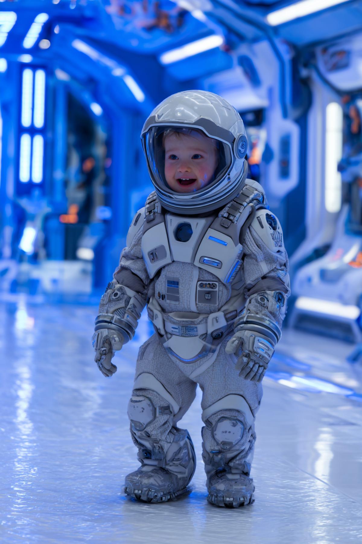 A babys first steps in low gravity held by parents in sleek biomechanical suits, their visors retracted to show proud smiles. The nursery has Earth animals holograms and a plush Curiosity rover. Through the window: Earth as a tiny blue dot during op4k. 12K emotional sci-fi, Interstellar meets Pixar lighting, ultra-detailed fabric and metal textures