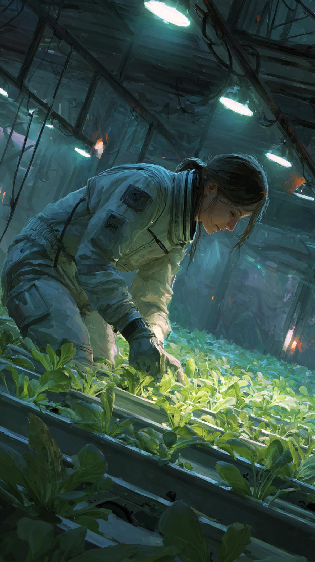 A Martian colonist in a utility jumpsuit meticulously tending to rows of glowing hydroponic plants inside an underground agricultural module. Humid air, soft LED lights casting vibrant green and blue hues on the plants and the worker. Advanced but functional farming tools. Sense of quiet diligence and sustainability. Photorealistic, detailed, sci-fi. style raw