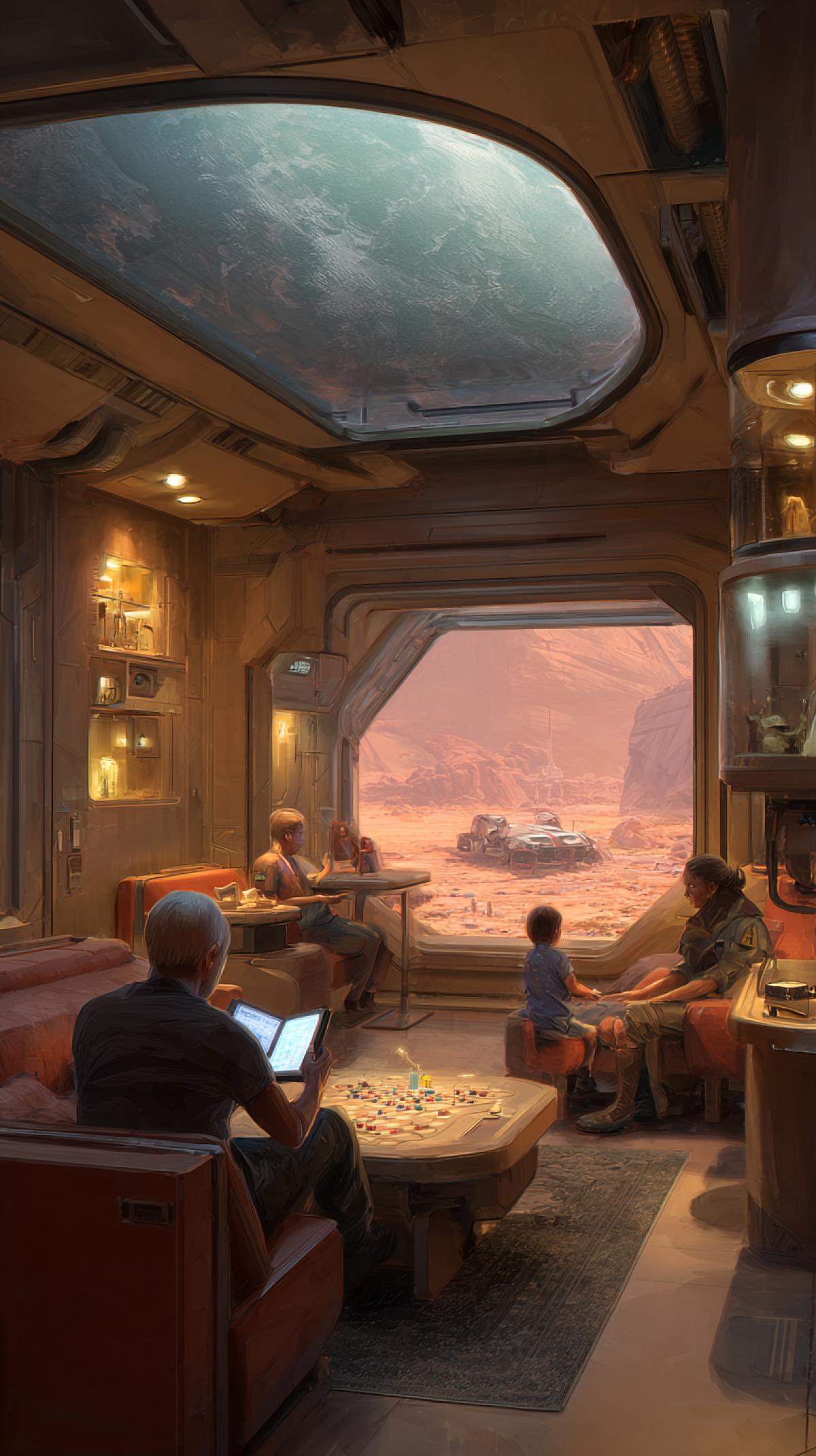 Martian colonists gathered in a common recreational area. One person is reading from an advanced e-reader, another is playing a quiet board game with a child, while a third looks out at Earth on a large holographic display. Warm, cozy artificial lighting. Sense of community and quiet reflection. Photorealistic, sci-fi interior. style raw
