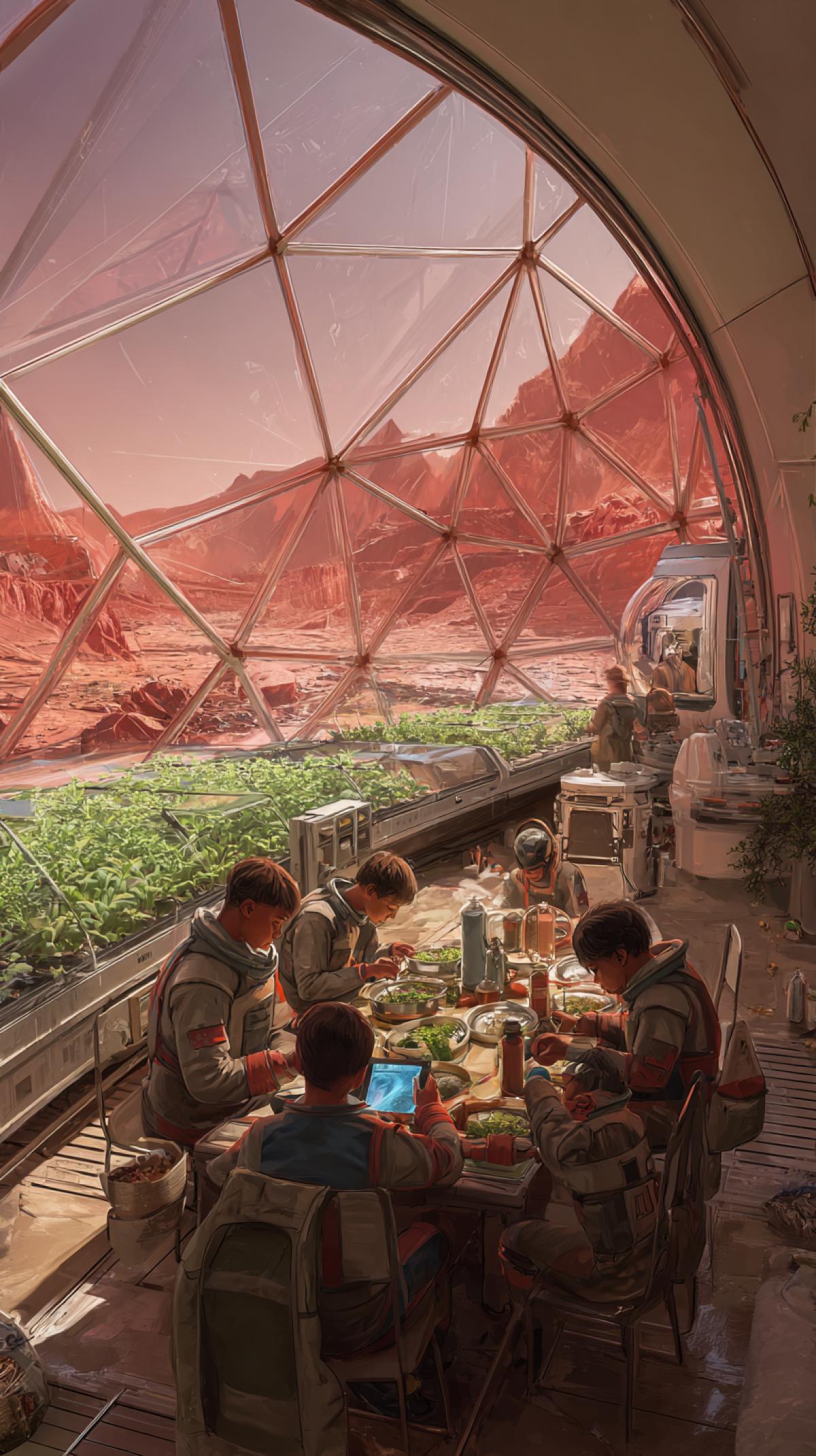 Martian colonists having breakfast at a communal table in their transparent domed habitat. Children are using holographic tablets for school, while 35 years olds sip from nutrient paste dispensers. Hydroponic garden with vibrant green plants is visible in the background, illuminated by filtered reddish Martian sunlight. Mundane, slice of life, sci-fi interior, photorealistic. --no dramatic, outside, spacesuits