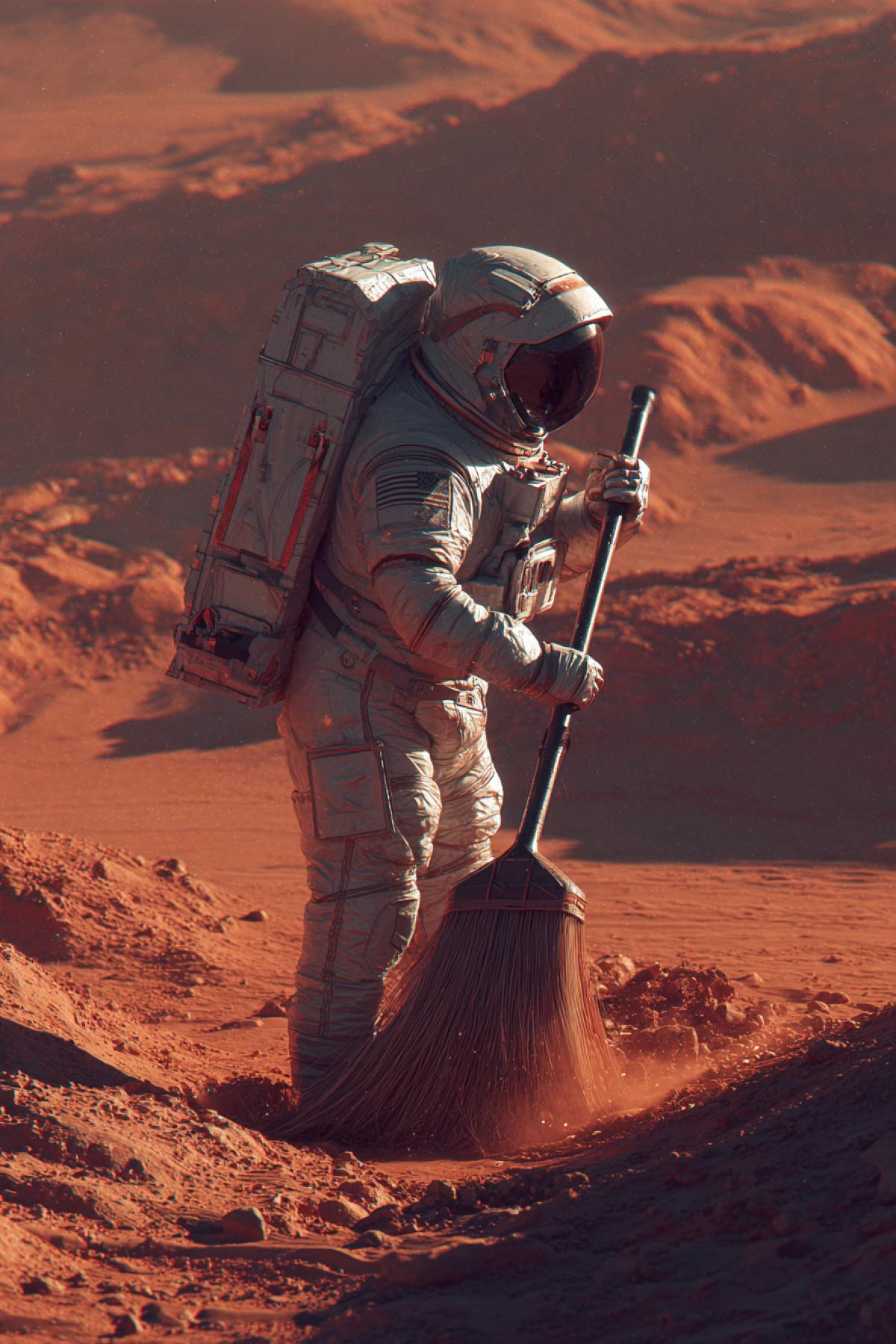 The astronaut on Mars sweeps a broom near the Marsailing, high detail