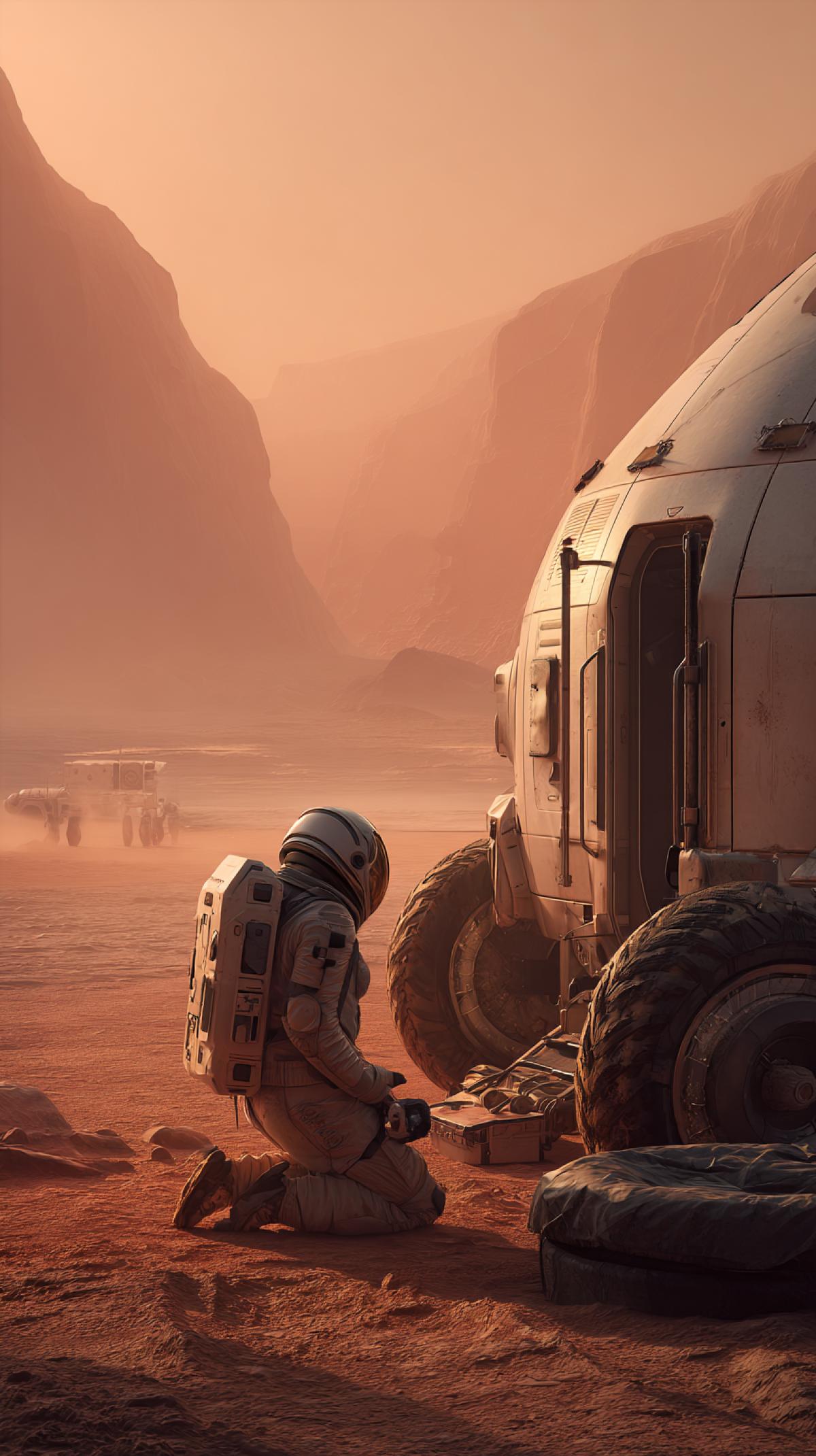 A lone Martian colonist in a practical, slightly worn spacesuit performing routine maintenance on a small rover or an external habitat module. Red Martian dust swirls gently around their feet. Distant view of a vast, desolate but beautiful Martian landscape under a reddish sky. Focus on the mundane task in an alien environment. Photorealistic, cinematic, wide shot. style raw --no dramatic, action, combat