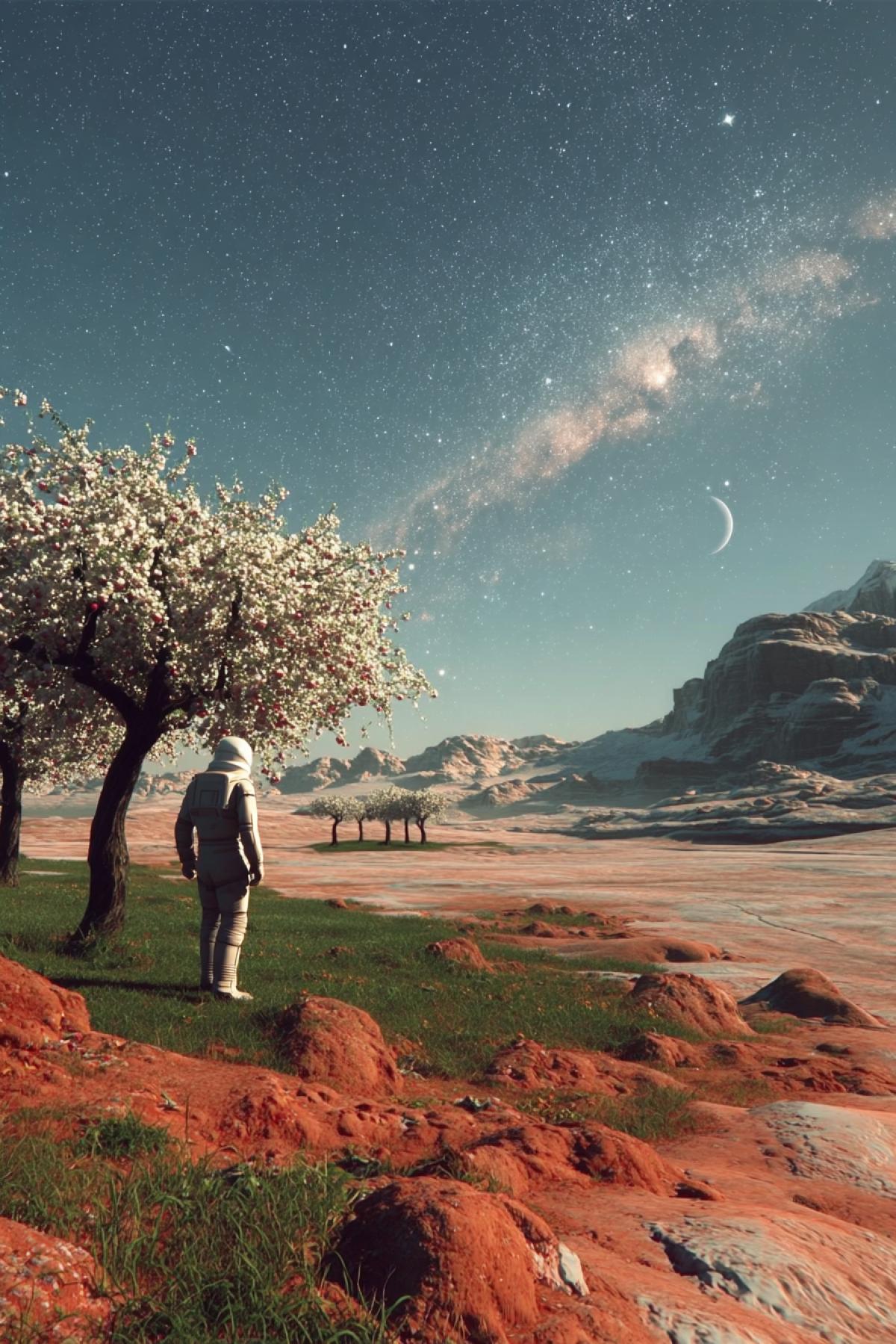 Living and believing is wonderful. Before us are unprecedented paths. Cosmonauts and Dreamers say. That the apple trees will bloom on Mars. Its good when comrades are with you. All the Universe to drive and go. The stars will meet with the ground flourishing. And on Mars will bloom apple trees. I made friends with distant stars. Dont worry about me and dont be sad. Leaving our land, we promised. That the apple trees will bloom on Mars. Leaving our land, we promised. That the apple trees will bloom on Mars