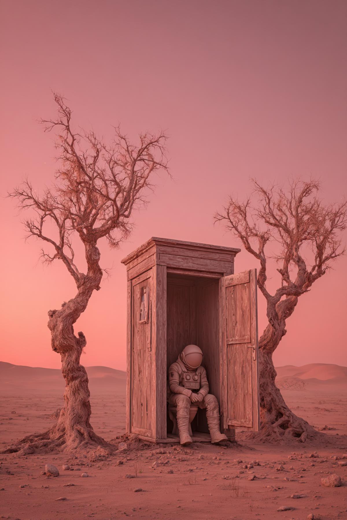 Mars, realistic 3D rendering. A small apple orchard with gnarled, leafless trees under a dusty pink sky. In the center stands an old wooden outhouse with its door wide open. Inside, a cosmonaut in a slightly weathered spacesuit sits on toilet, gazing dreamily at the starry sky visible through the open door. The Martian landscape is barren yet poeticred soil, distant dunes, and Earth glowing faintly in the twilight. Hyper-detailed textures, cinematic lighting, volumetric dust, sci-fi realism, 8K.