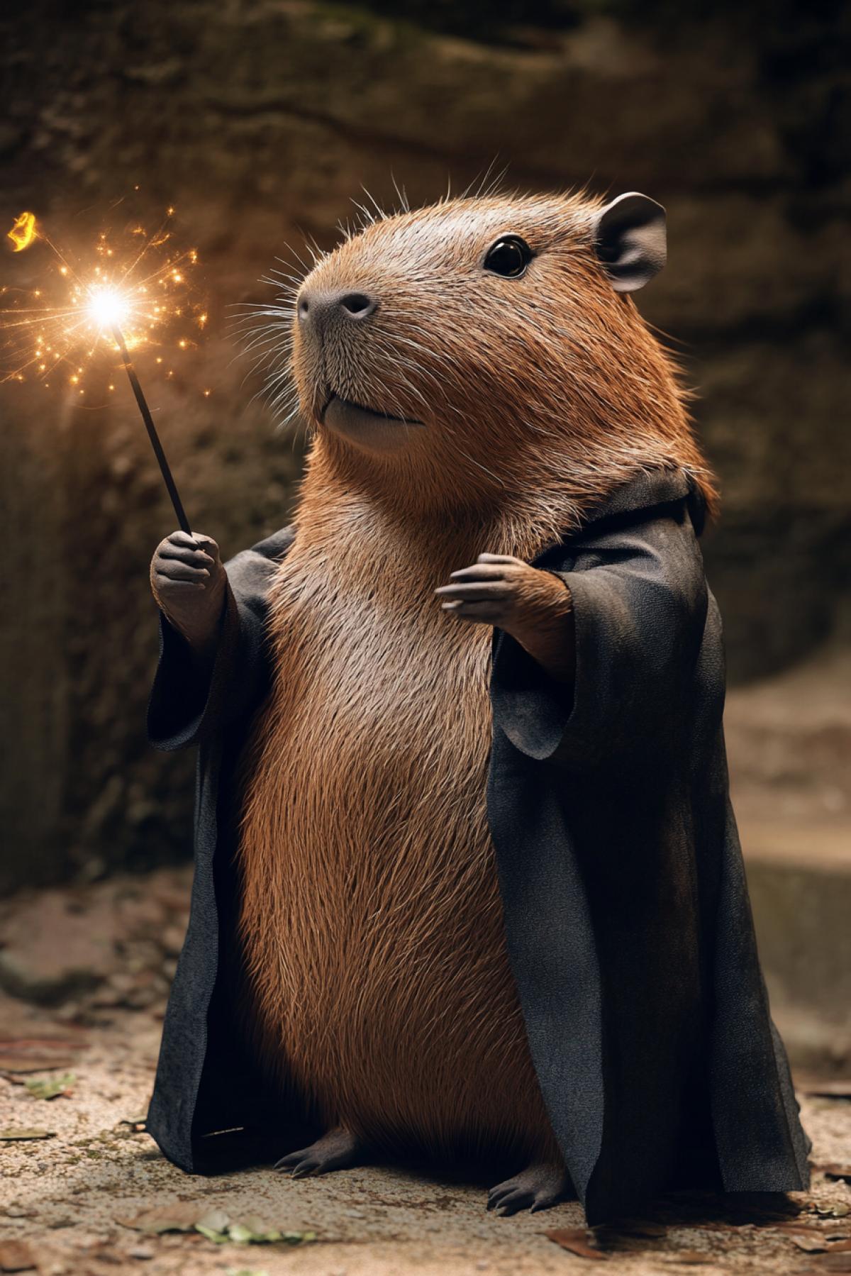 Capybara in the style of Harry Potter, with a magic wand