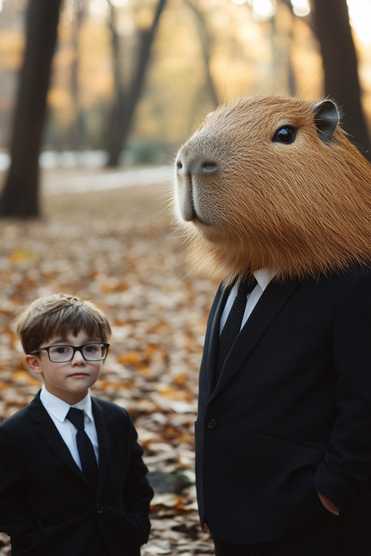 Capybara in a business suit and children with glasses in a city park in the style of reality