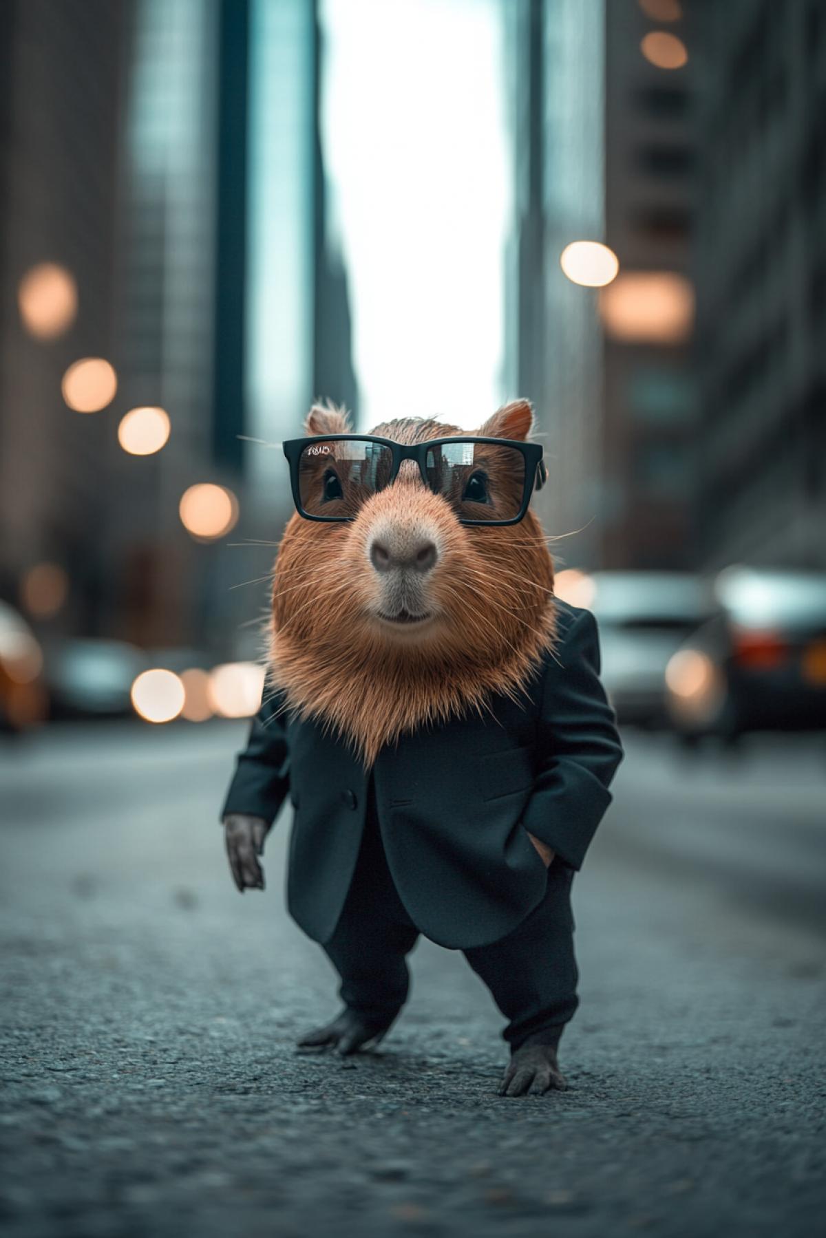 Business Capibara in the city walks along the street of dark glasses in the style of Fentosi