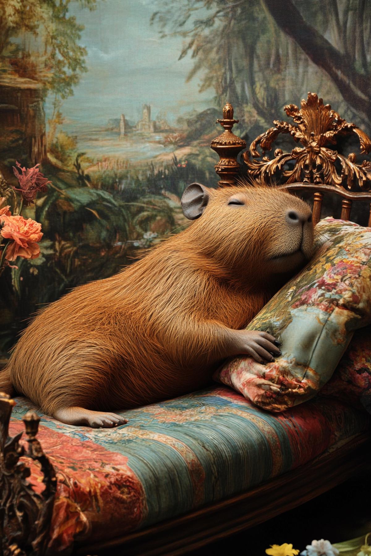 Capybara in a fantasy style bed