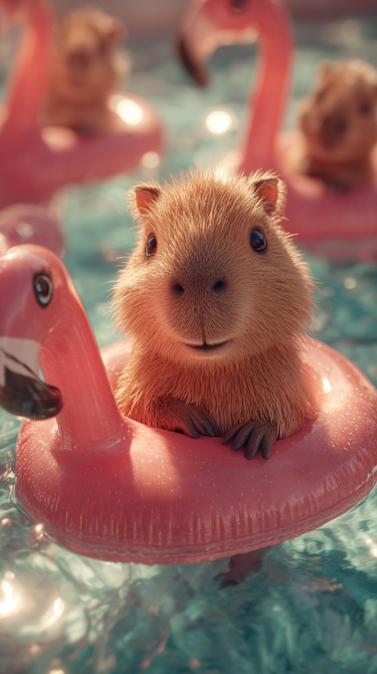 Close-up portrait of a cute capybaras happy face as it drifts on a flamingo-shaped float in a shimmering pool, shallow depth of field, warm sunlight, adorable, hyperrealistic