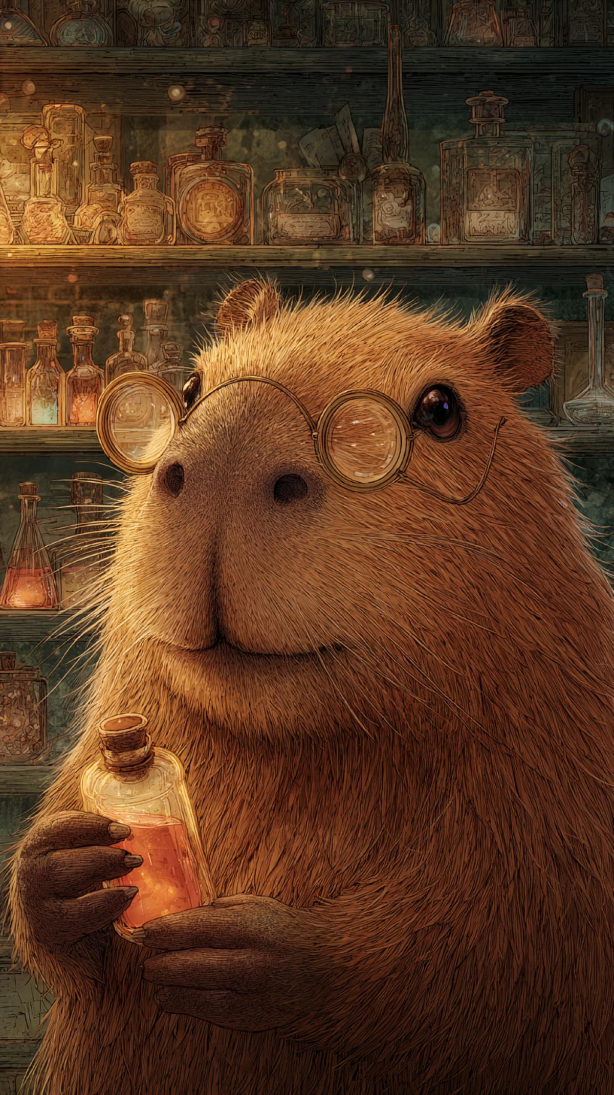 Close-up portrait of a friendly capybara sorcerer, with round spectacles perched on its snout, holding a small, glowing potion bottle. Its fur is meticulously rendered, with a gentle, knowing smile. In the background, shelves filled with arcane books and bubbling beakers. Cozy, enchanting, detailed, warm lighting, storybook illustration style
