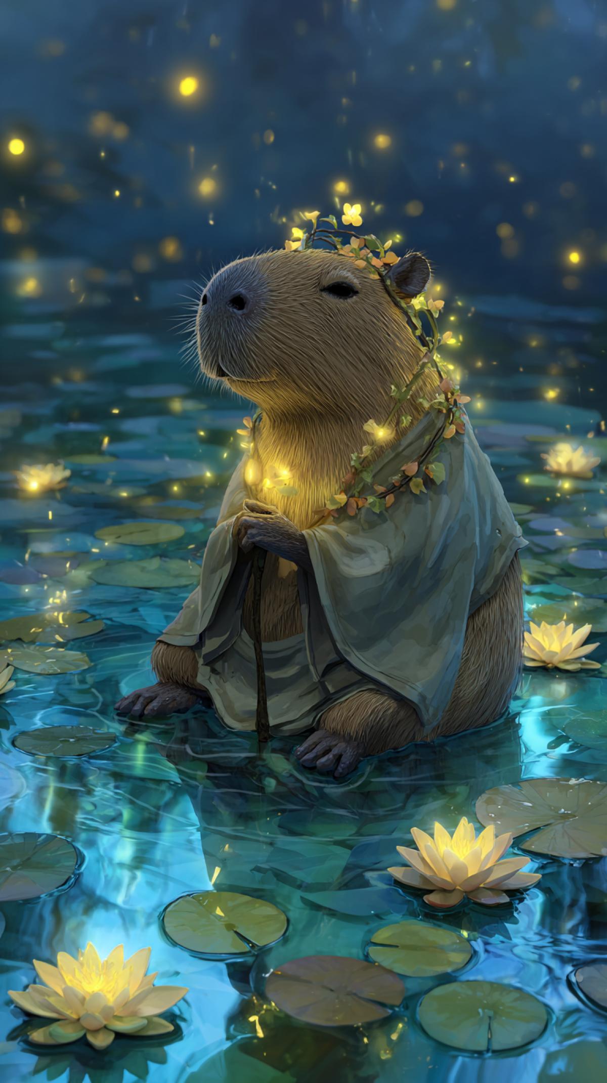 A majestic capybara archmage, floating serenely above a crystal-clear pond, gently radiating a soft, golden magical aura. It wears a simple, earth-toned robe, adorned with natural elements like leaves and small flowers. Surrounded by glowing fireflies and water lilies under a twilight sky. Peaceful, ethereal, highly detailed, dreamlike, studio Ghibli aesthetic. ar 16:9