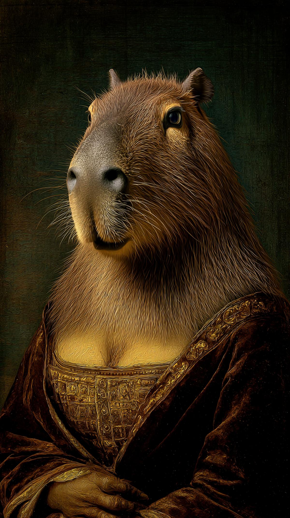 Photo realistic image of Capybara in the style of Mona Lisa, posing like Mona Lisa, dressed as Mona Lisa