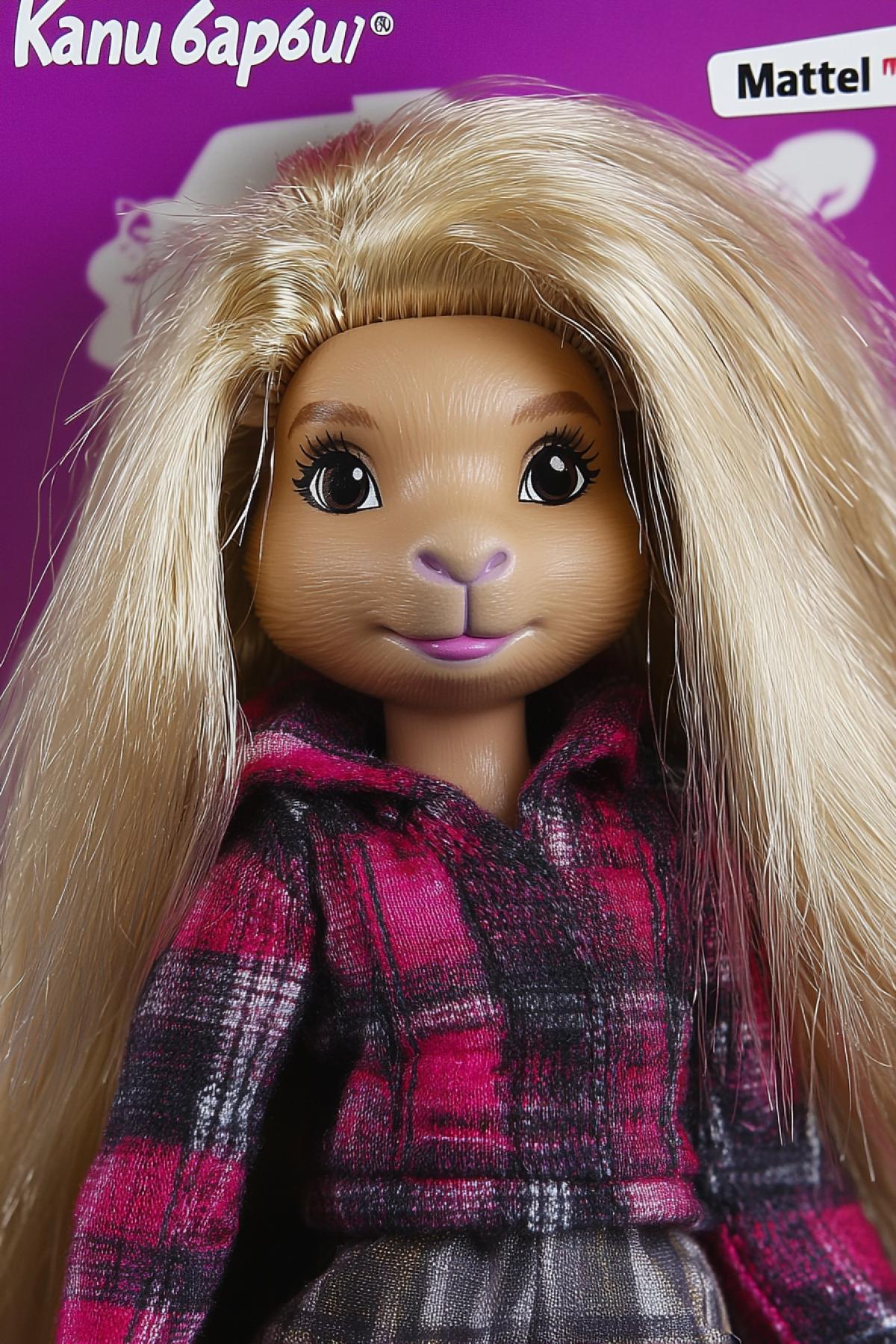 Mattel capybara animal plastic fashion doll box set full size with text \"Kanu6ap6u\" , \"Mattel\" logo