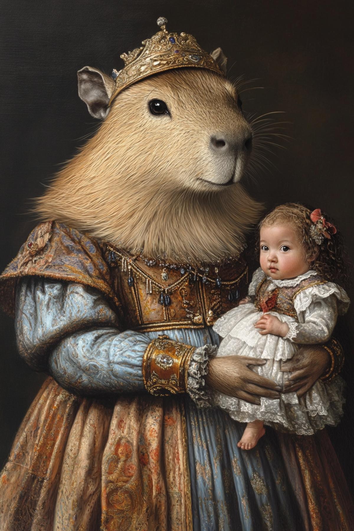big capybara wearing womans medieval dress holding in hands little human girl art by Leonardo