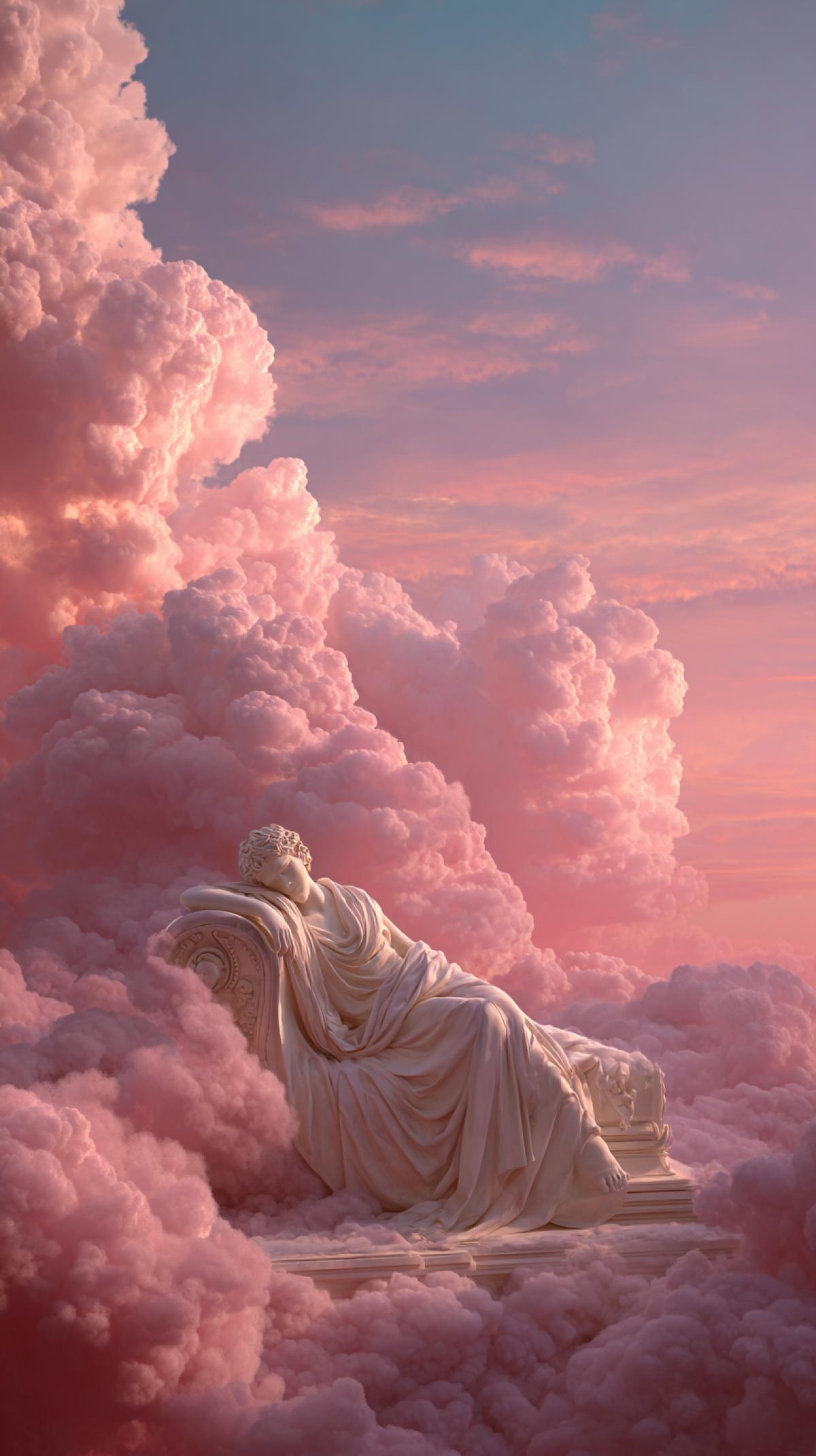 A beautiful female Roman statue lying on pink clouds, soft pastel colors, in the etheric, dreamy and surreal style, created in the style of Rimat Vologogsi, Igor Sea and Daniel Merriam, using DAZ3D, with a hyperrealist appearance.