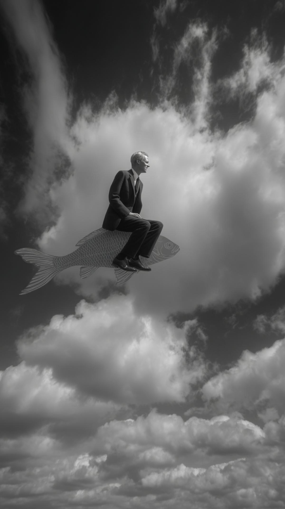 In the sky, a man’s photograph in a suit, skating on the back of the flying fish of Koi, a view of the side, cloudy sky, in the style of Ralph-Hoings and Robert Behl, in the style of Reinka Dycstra and Henri Cartier-Bresson, dark-and-white, dutoon, surrealism, minimalism.