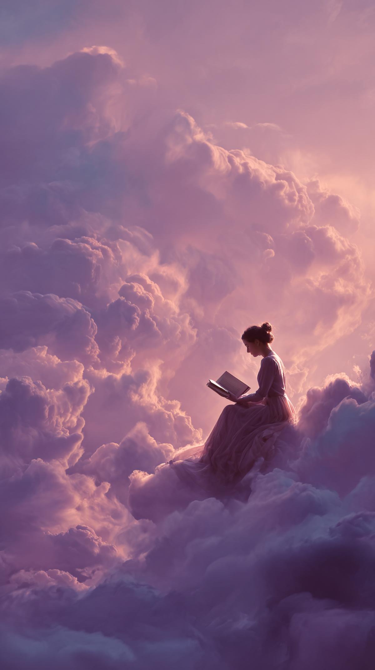 The girl in a dress in the sky in the clouds, reads, holds an open book surrounded by lush clouds, creating a dreamy atmosphere. The colors of the image include white and purple, creating a warm color tone. This is very realistic, with a cinematic feeling. The feeling that she enjoys a peaceful moment in heaven