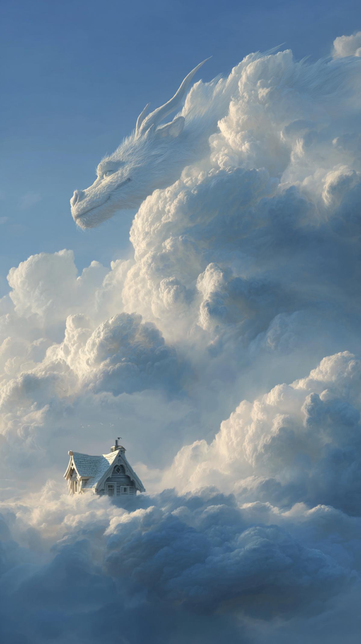 Fantasy images, on which the clouds are familiar objects and creatures, for example, the dragon in the clouds looks at a small house on the cloud