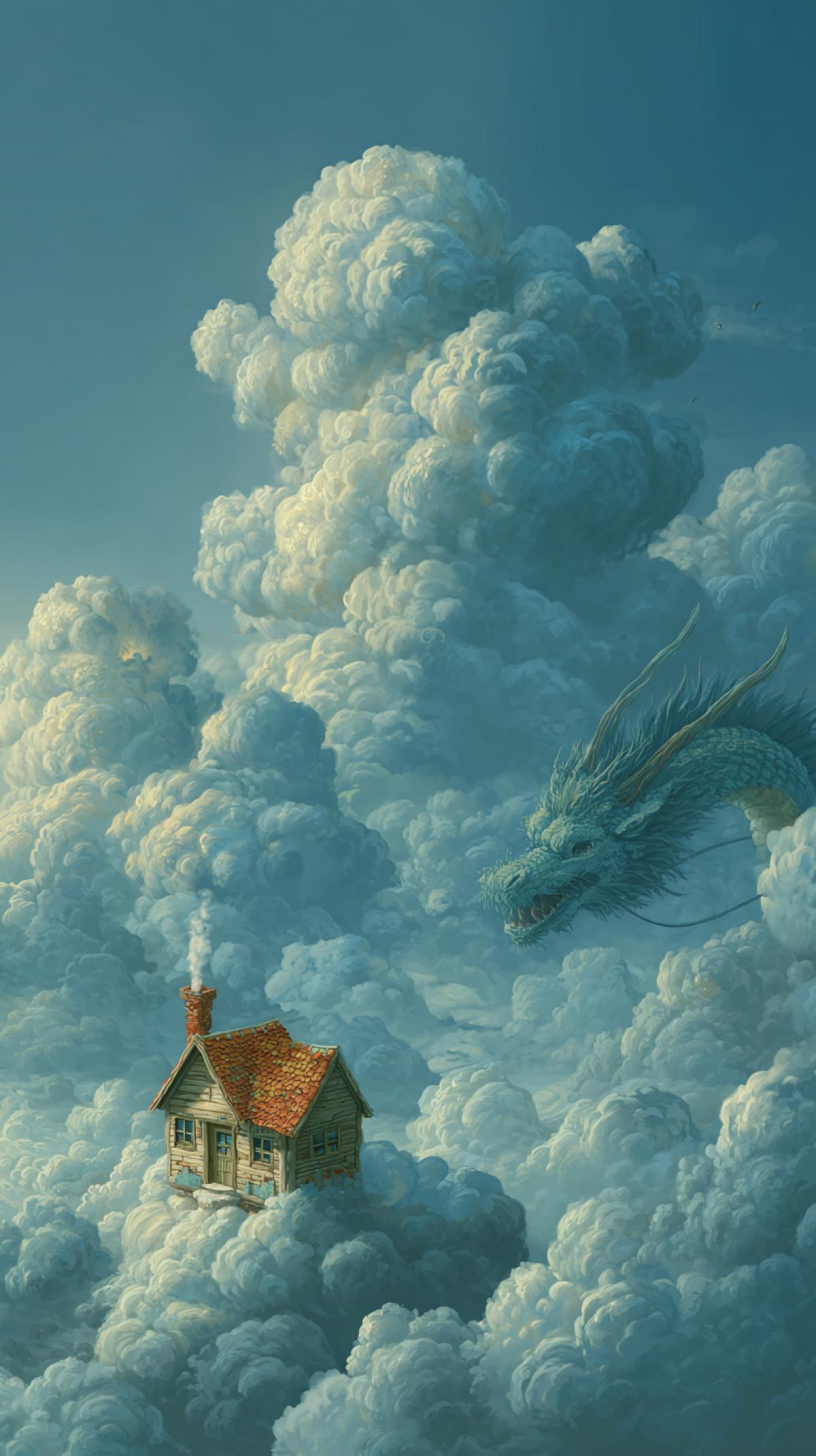 Fantasy images, on which the clouds are familiar objects and creatures, for example, the dragon in the clouds looks at a small house on the cloud