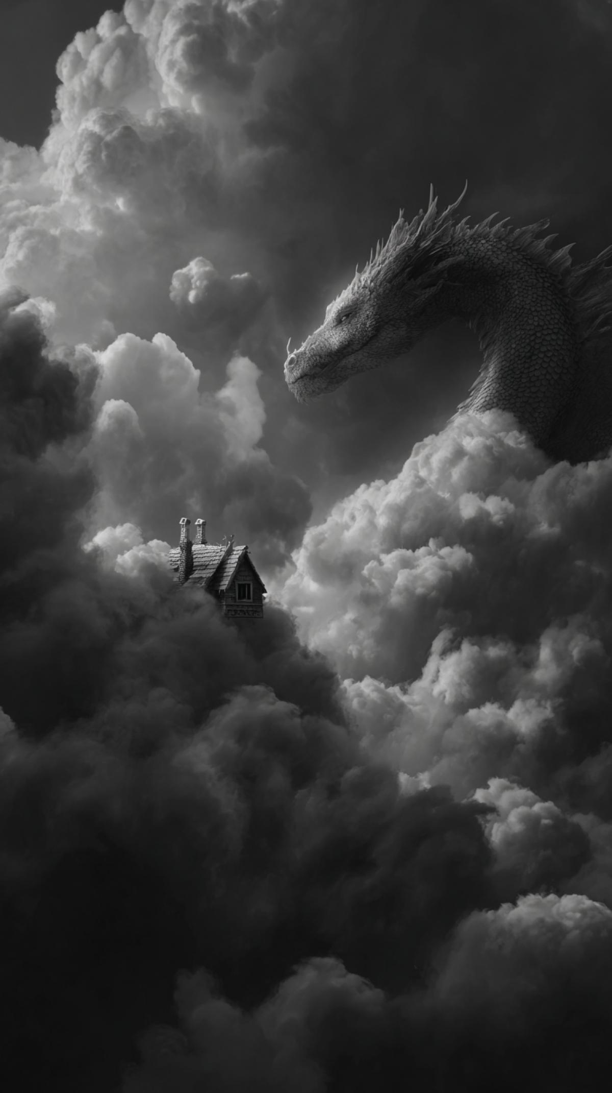 Fantasy images, on which the clouds are familiar objects and creatures, for example, the dragon in the clouds looks at a small house on the cloud