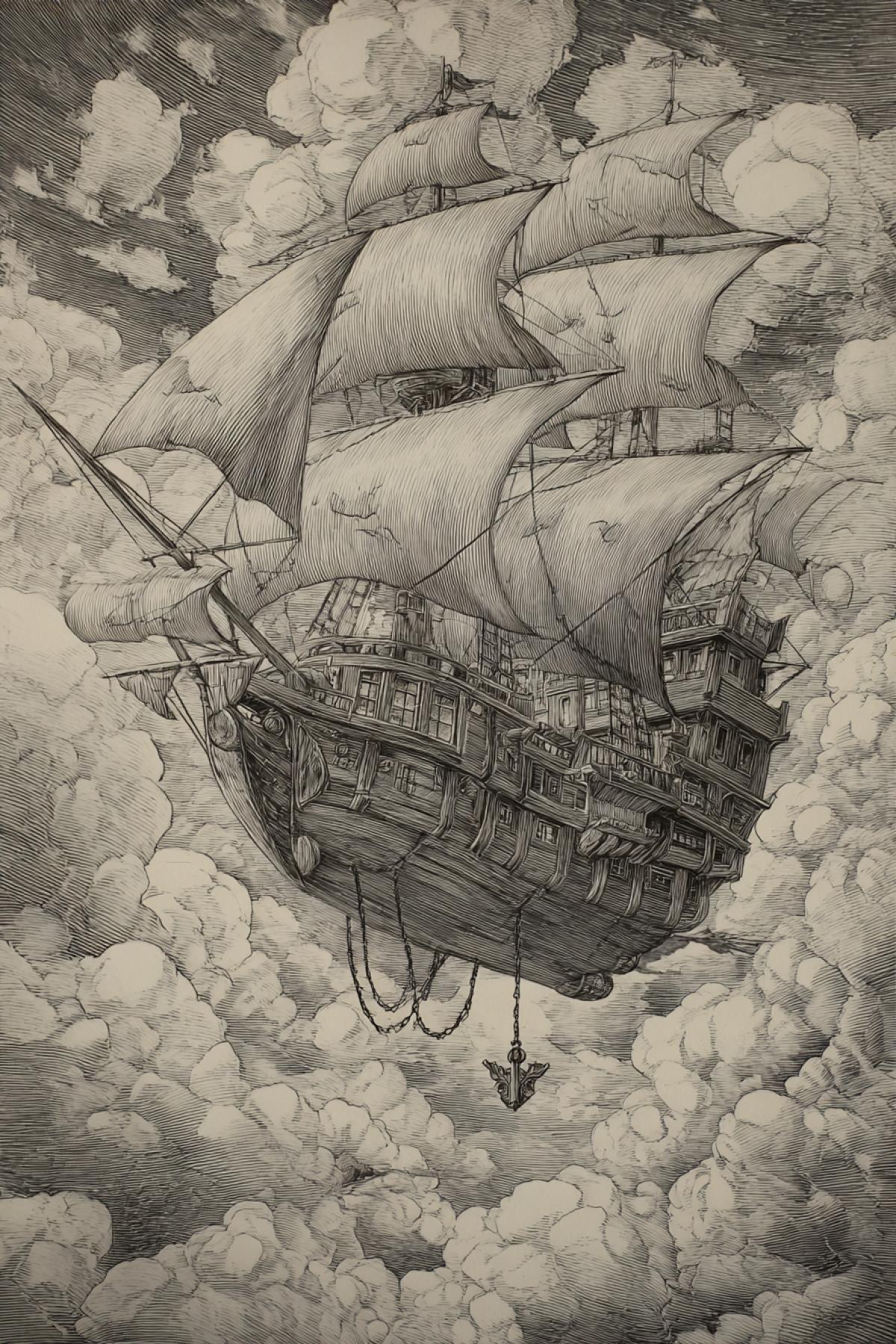 Flying ship. A big old sailboat flies high in the clouds a flying Dutchman. Horror, thrill and splendor. The anchor and chains hang. A detailed drawing of the slightest details.
