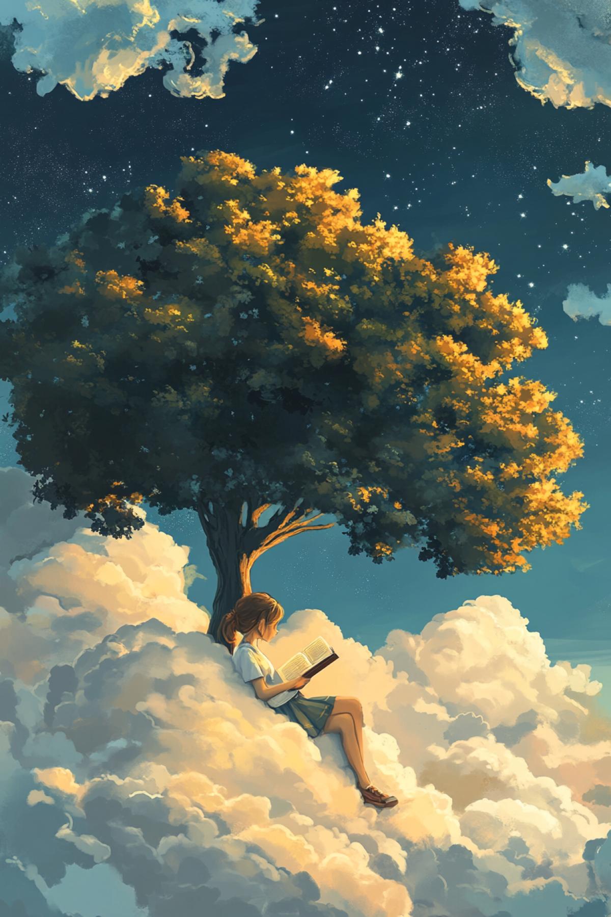 The girl sits under a tree reads a book on clouds in the style