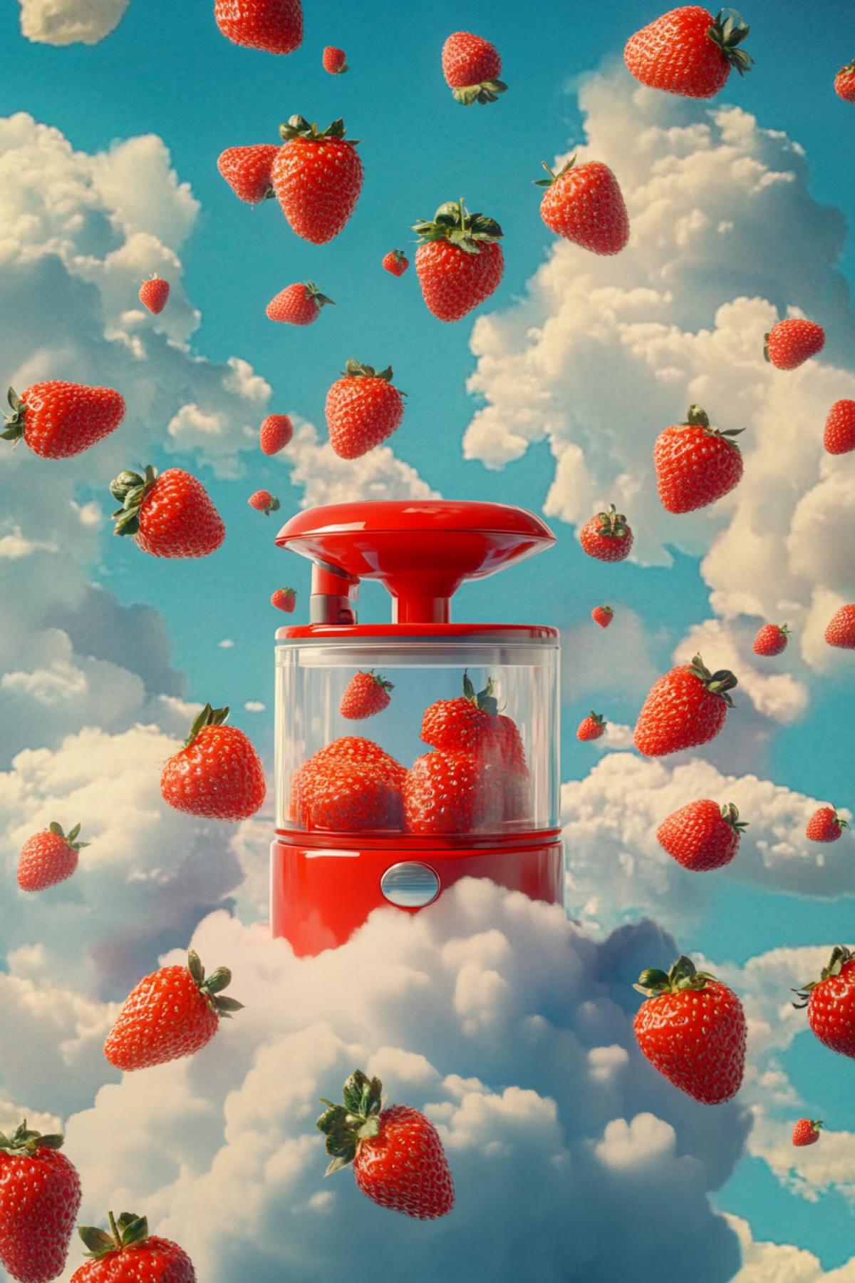Strawberries are scattered on the clouds and juicer