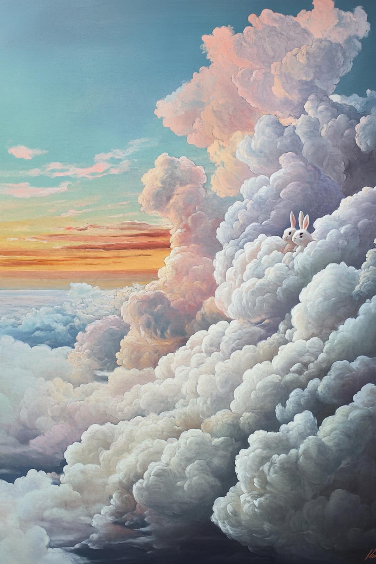 Large clouds on them are a lot of strawberries and cloud rabbit in the style of reality