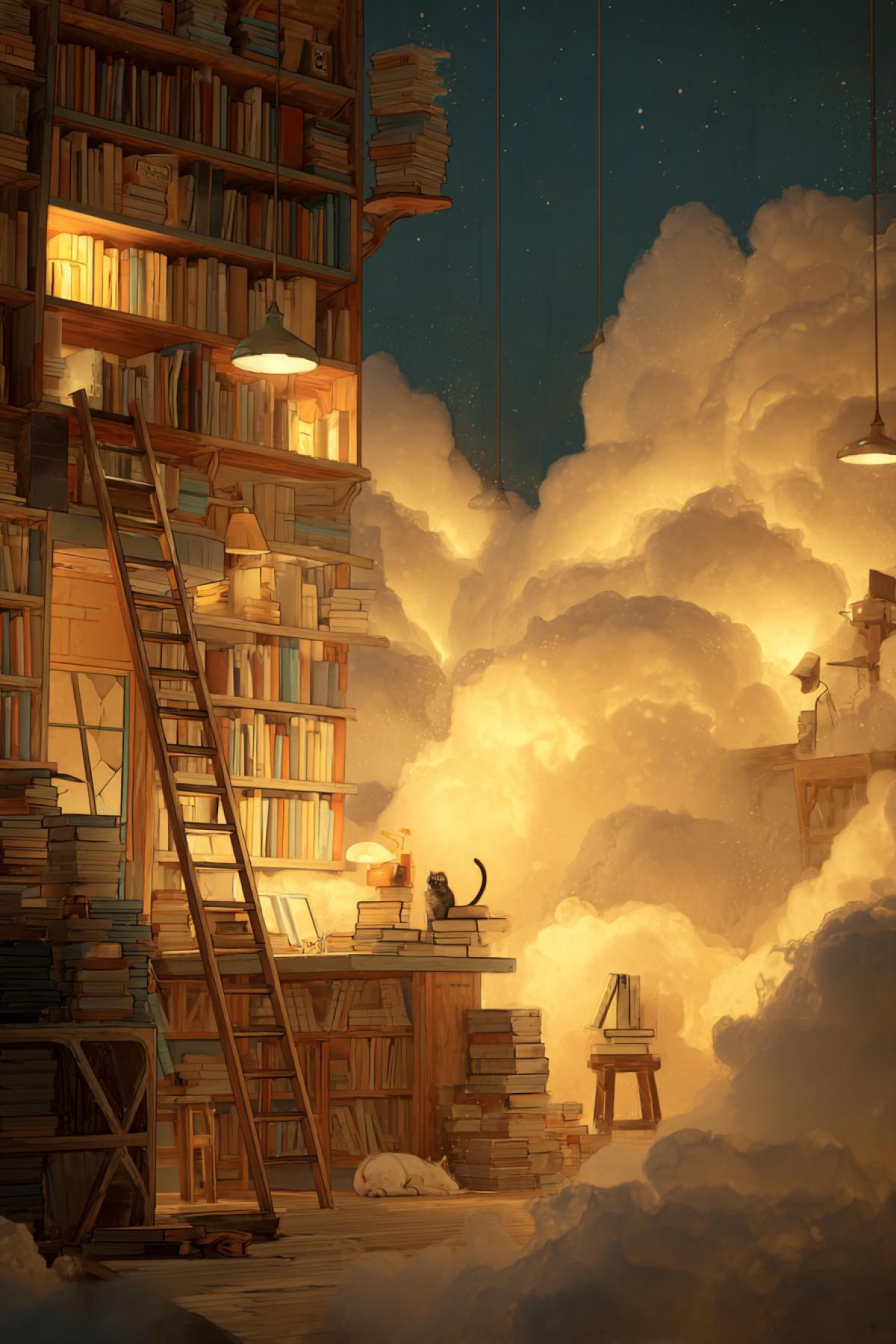 A cozy bookstore floating on a cumulus cloud, with shelves made of swirling mist and books that glow softly. A ladder of lightning bolts leans against a Philosophy section, while a sleepy cat made of vapor curls up on the counter. 12K dreamlike realism, style of Studio Ghibli meets vintage library aesthetic, soft golden lighting.