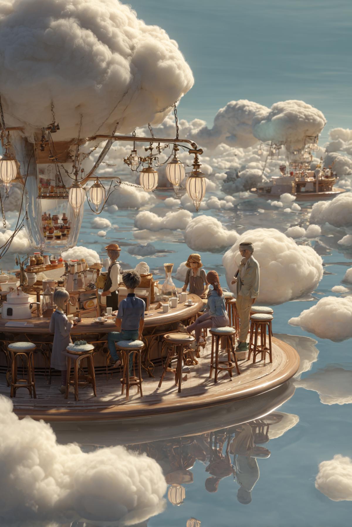 A floating café where baristas pour coffee into cups that never spill, the steam merging with passing clouds. Patrons sit on fluffy cloud stools, their reflections shimmering in raindrop mirrors. A sign reads: Today’s Special: Hurricane Latte. 16K whimsical realism, style of ‘Howl’s Moving Castle’ food scenes