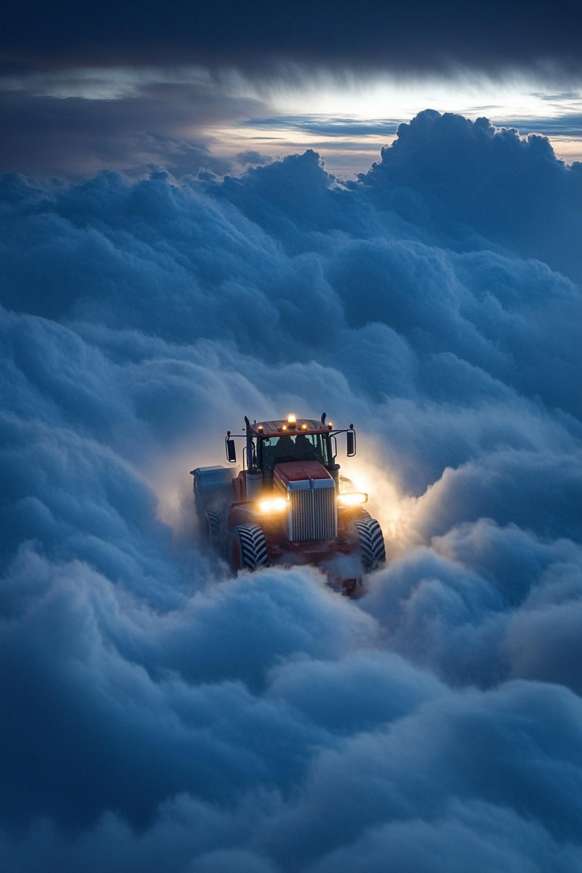 Tractor on dense clouds plows