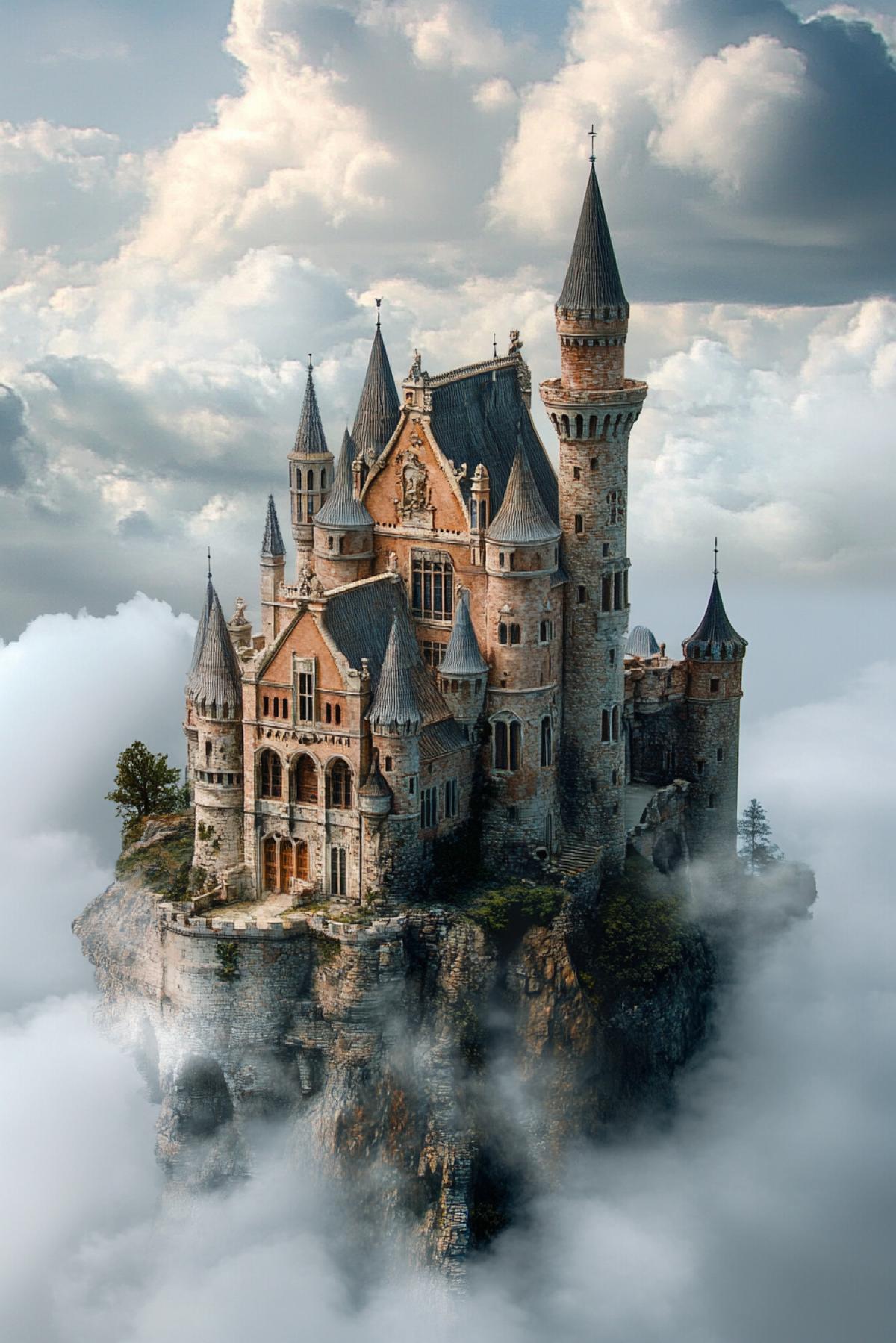 A fairytale palace stands on thick clouds in Gelaxi style