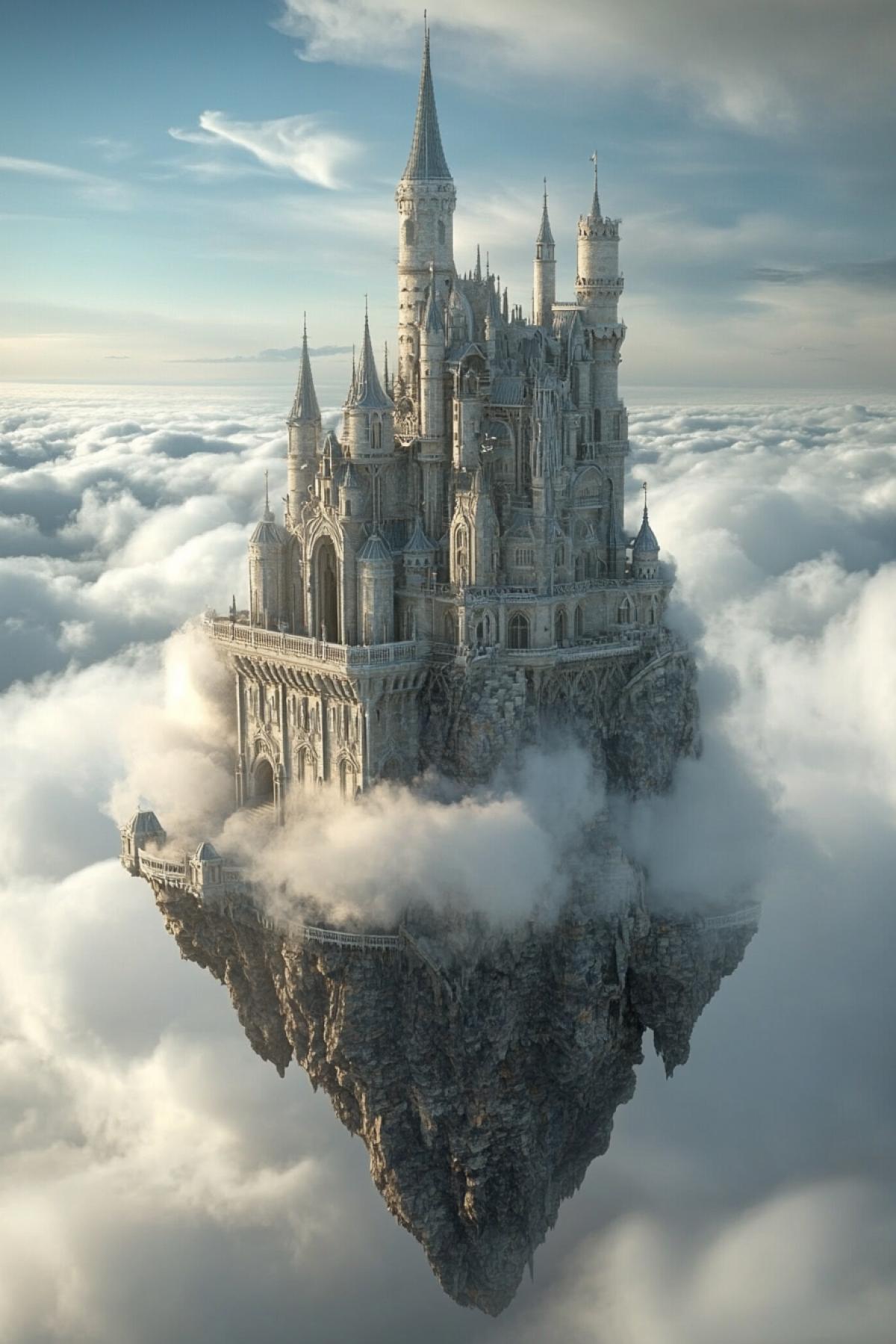 A fairytale palace stands on thick clouds in Gelaxi style