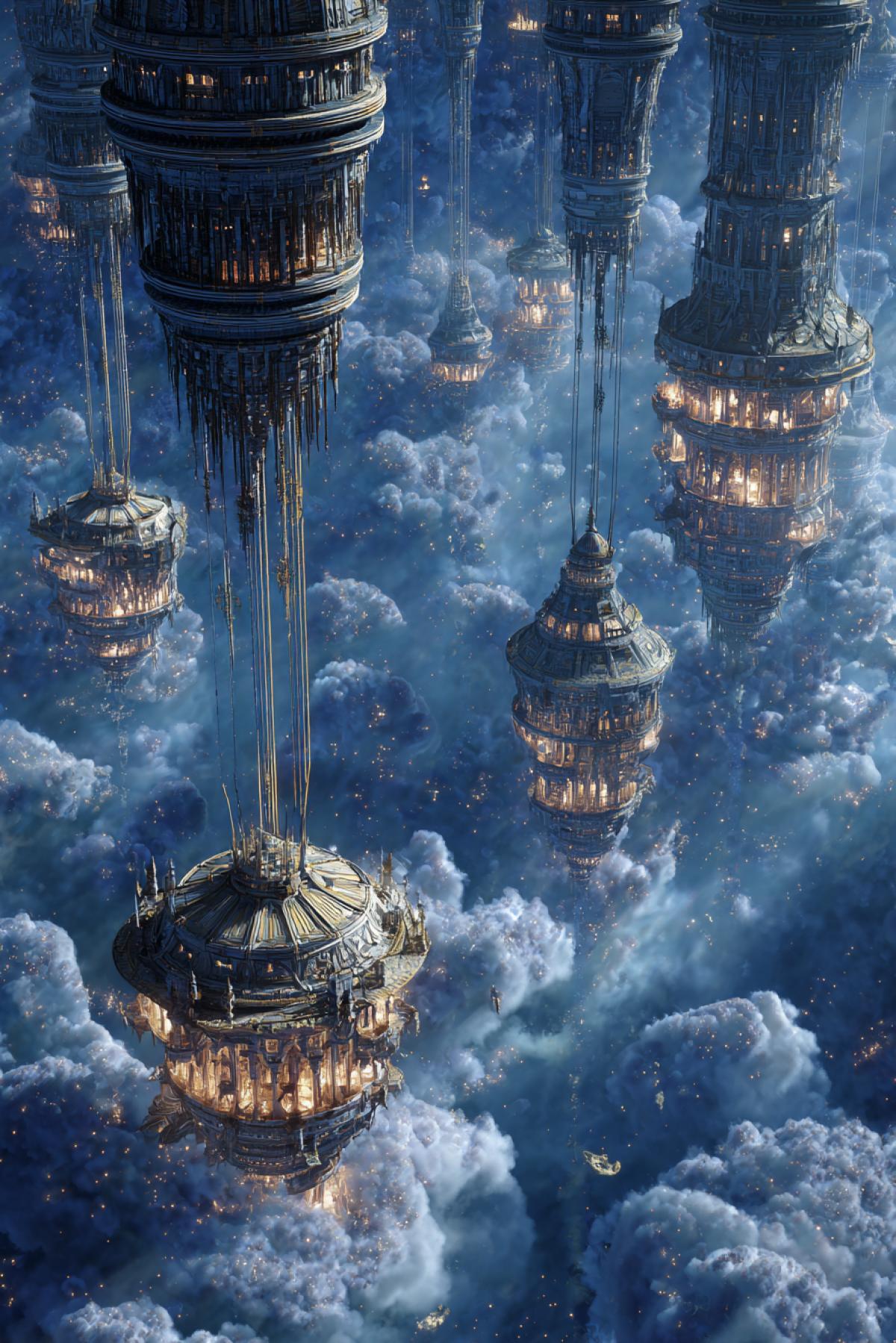 An intricate metropolis woven from thunderclouds and moonbeams, where bridges of condensed starlight connect towers of swirling vapor. Citizens glide on silk-winged platforms, their shadows painting moving frescoes on the clouds below. 12K sci-fi baroque, style of Blade Runner meets Renaissance tapestry, with volumetric god rays